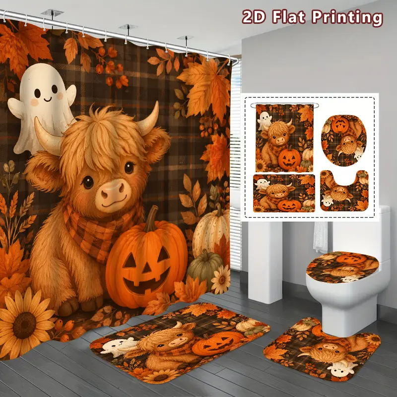 4-Piece Halloween Heights Cow Shower Curtain Set, Orange Pumpkin and Fall Leaf Bathroom Decor, Enhanced U-Shaped Toilet Cover, Shower Curtain with Hooks, Home Decor, Bathroom Enhancement