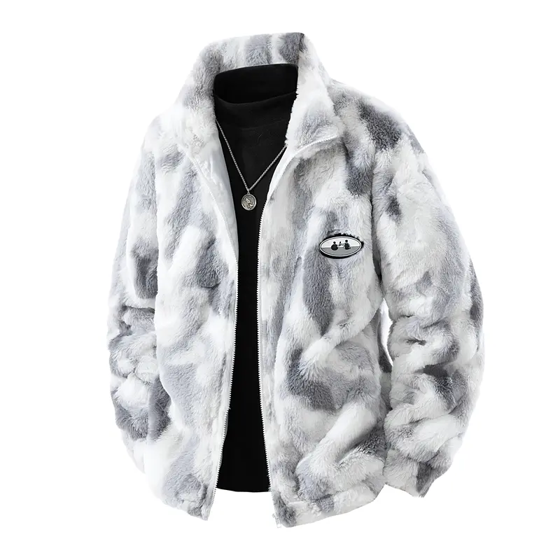Men's Fleece Jacket Plush Fuzzy Coat Full Zip Stand Collar Outerwear Cloudy Camouflage Pattern Tie Dye Print Trendy Y2K Streetwear Harajuku Aesthetic Retro Casual Warm Fluffy Zip Up Chest Graphic Patch Relaxed Slouchy Fit  long sleeve menswear top
