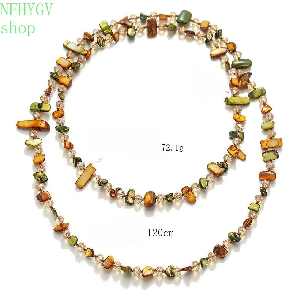 Boho Earth Tone Long Layered Necklace for Women, Natural Shell Chips & Faceted Crystal Beaded Wrap Sweater Chain, Retro Irregular Beaded Jewelry for Beach, Travel, Casual & Street Style