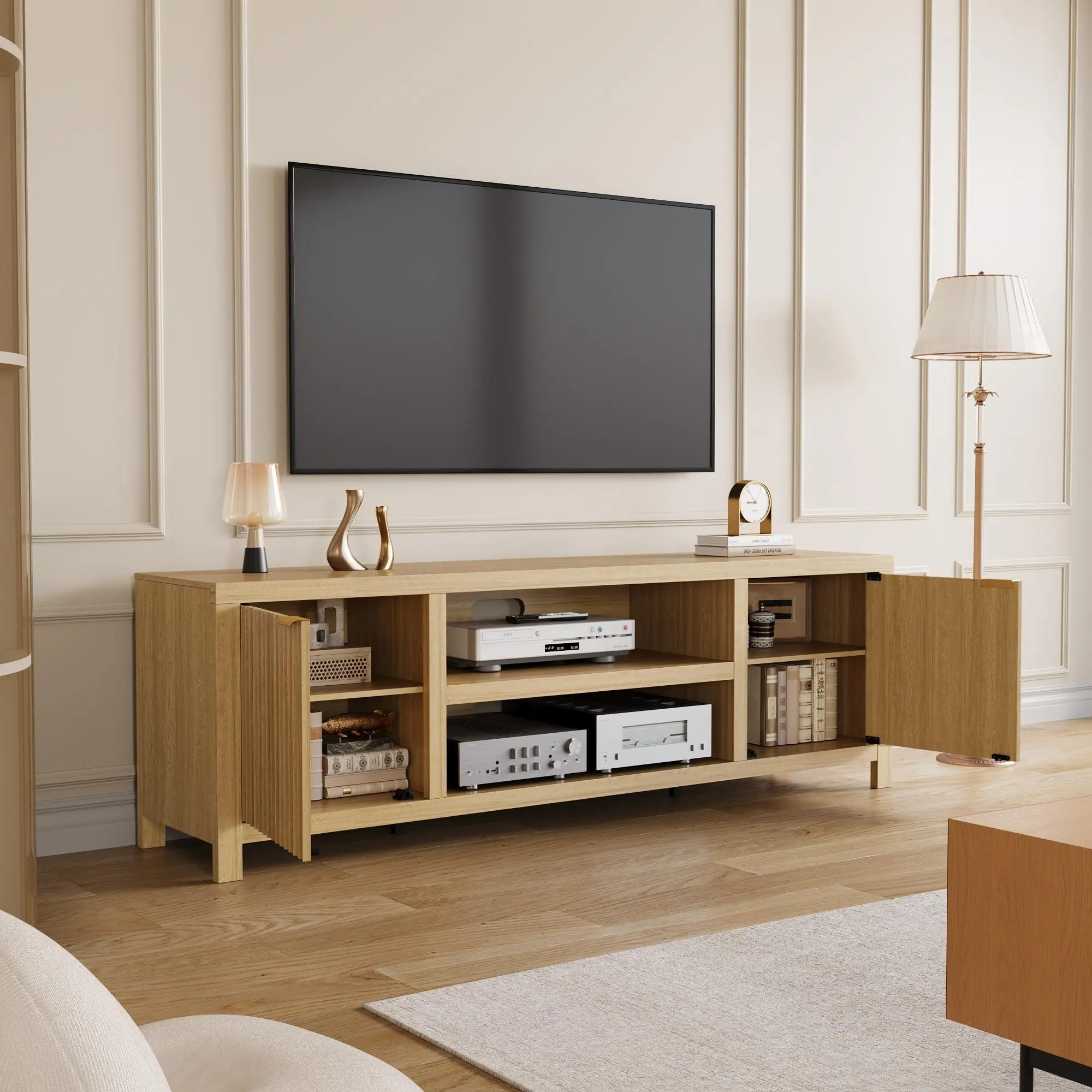 Garvee Fluted TV Stand for 80 in, Modern Entertainment Center with Storage, Wooden Media Console Cabinet with Fluted Door and Gold Handle for Living Room Bedroom, Natural Oak, TV Console, Media Stand, Modern TV Stand, Oak TV Stand, Living Room TV Console