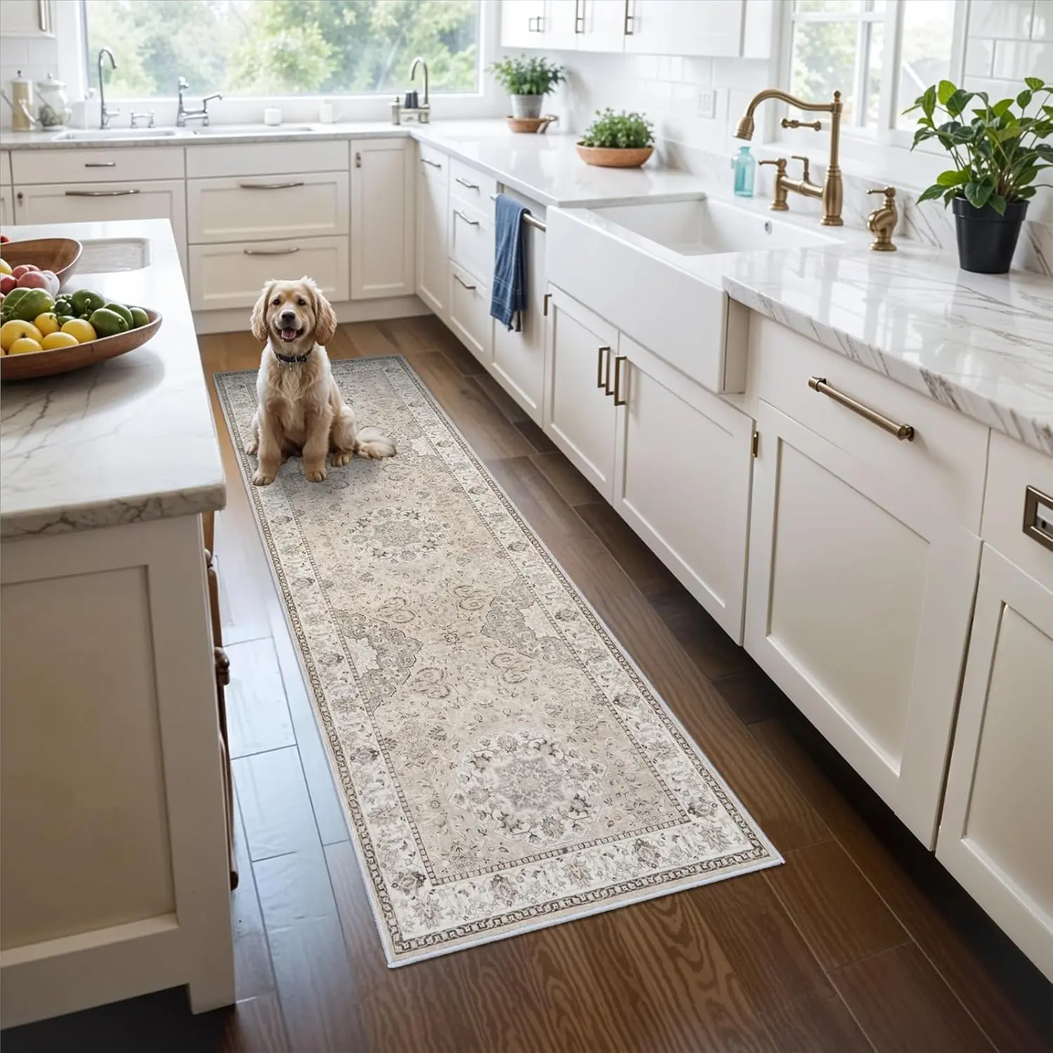 Hallway Washable Runner Rug : Vintage Soft Kitchen Laundry Runner with Non Slip Backing Farmhouse Entryway Living Room Floor Mat Stain Resistant Carpet for Bedroom Bathroom Distressed Beside Rug, Decorative Area Rug, Foyer Rugs For Entryway