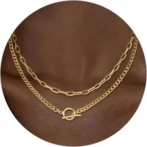 Minimalist Dual Layer Mixed Paperclip Cuban Chain Necklace Anti-tarnish Gold Stainless Steel Toggle Closure Layering Choker For Birthday Holiday Gift,cords for graduation,gift