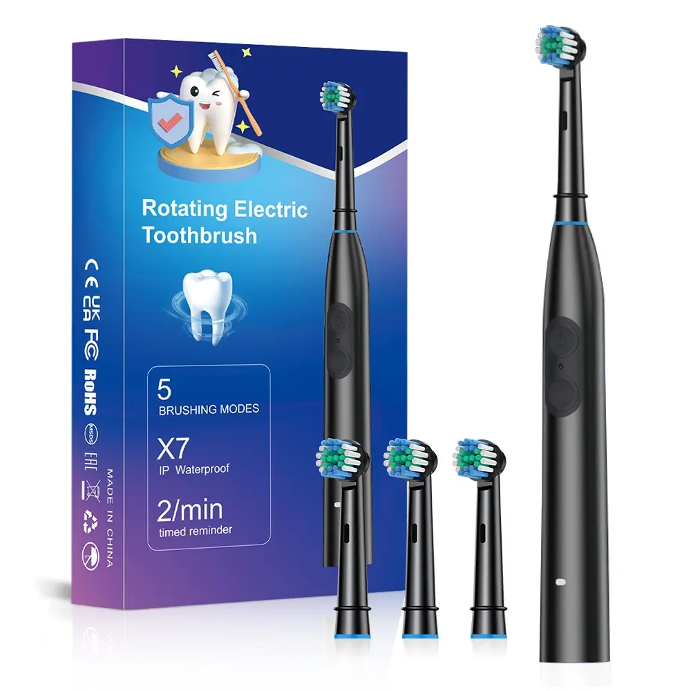 Rechargeable Rotating Electric Toothbrush, 5 Cleaning Modes, Ipx7 Waterproof, Deep Clean, 2-Minute Timer, Includes 4 Brush Heads