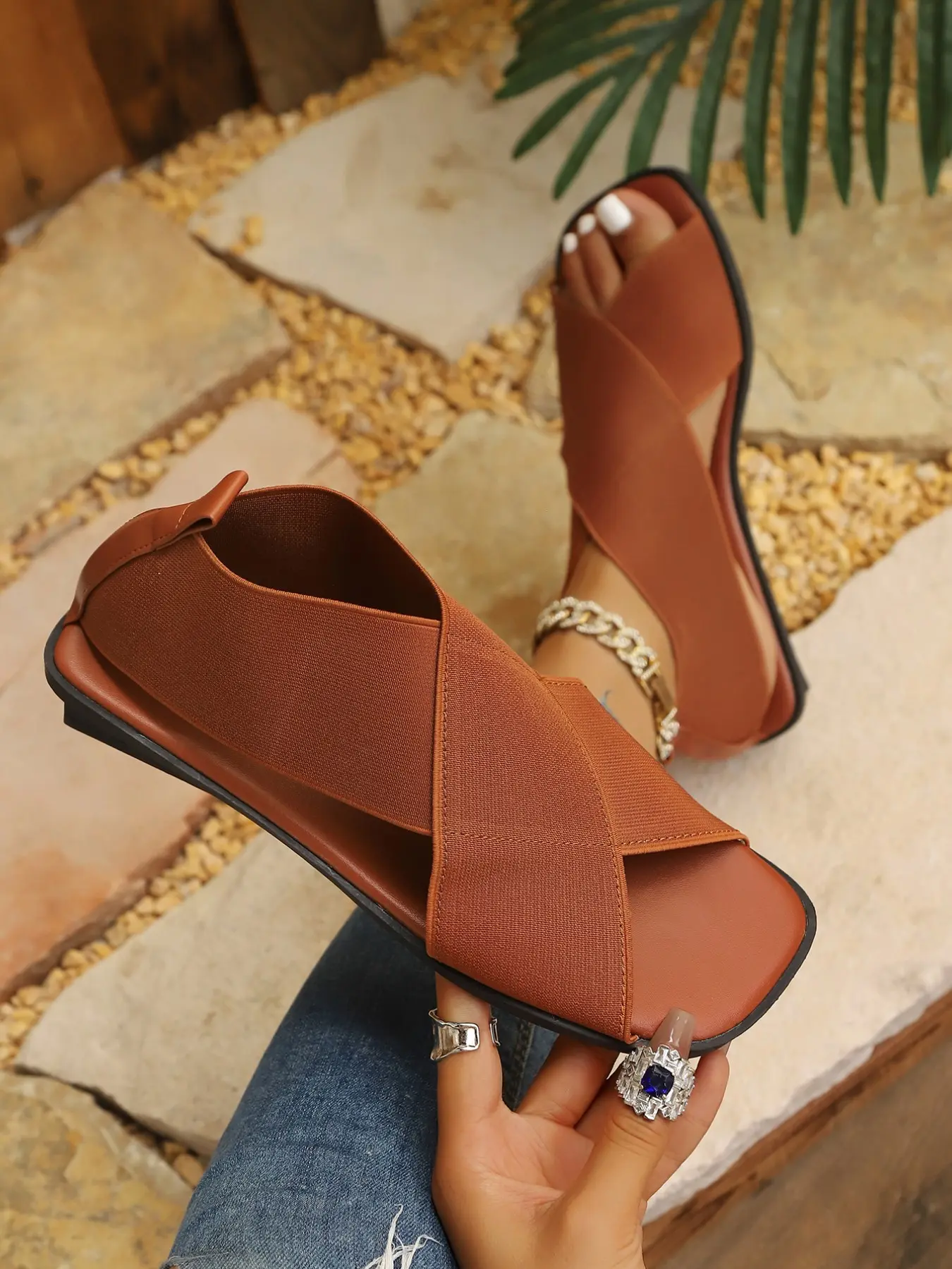 Women Stretch Knit Crisscross Flat Sandals, Open Ankle Back Zip Slingback, Soft Cushioned Insole, Non Slip, Casual Walking, Summer Beach Shoes