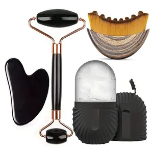 Gua Sha Board + Facial Roller + Silicone Ice Roller + Face Massage Brush, Reduce Swelling, Tighten Pores, Detoxify Lymph, Relieve Fatigue Pain
