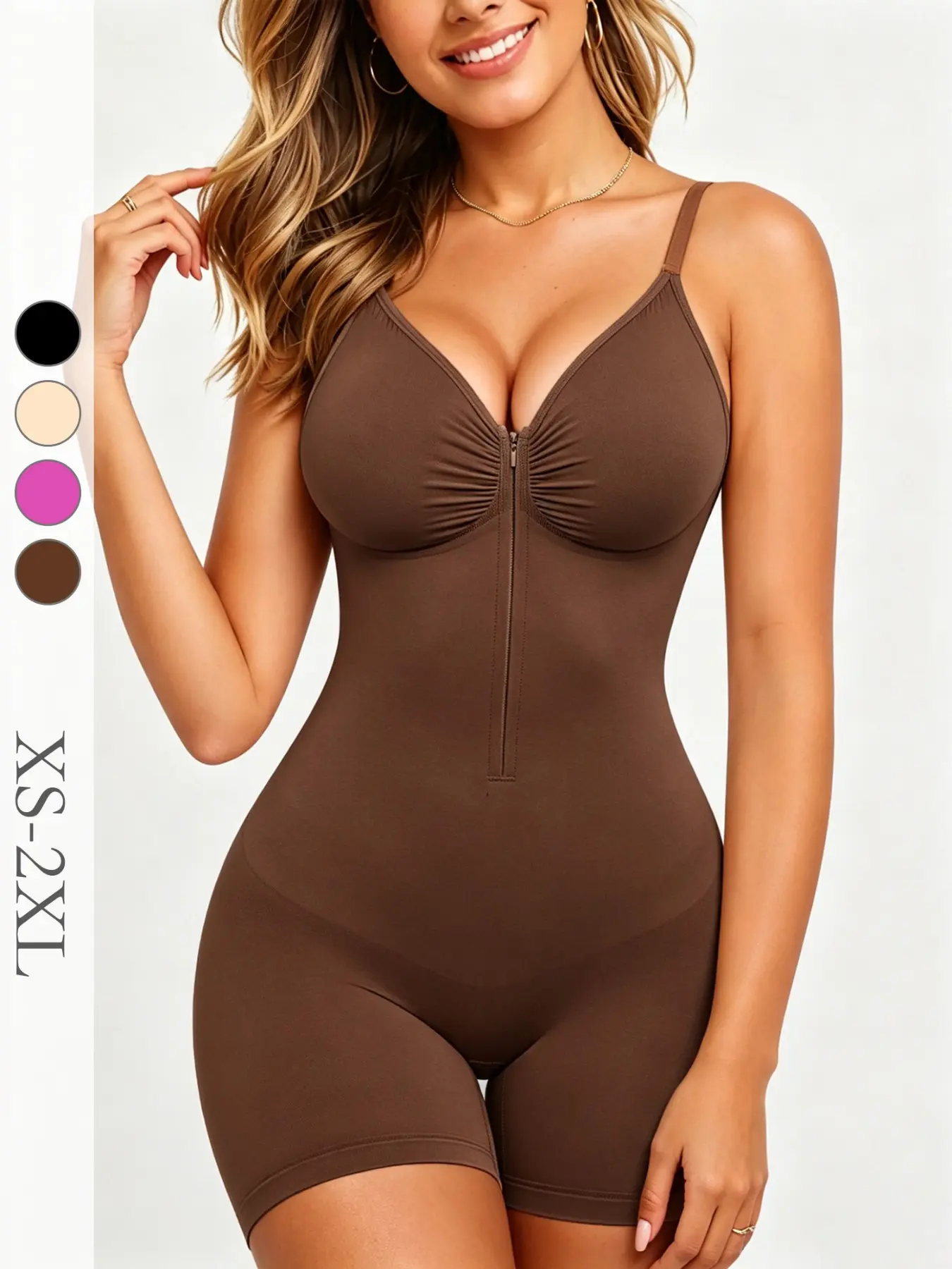 Women's V-Neck Shaping Bodysuit, Seamless Zipper Smooth Slimming Set, Fajas Tummy Control Waist Cinch Shapewear, Casual All-Season Wear