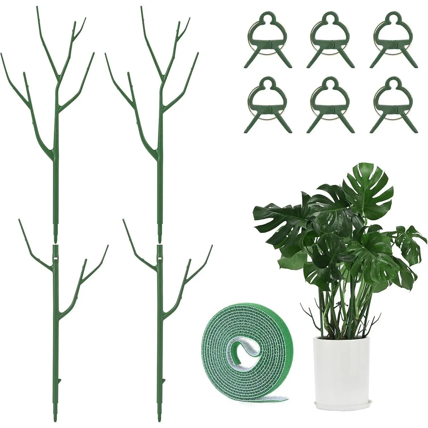 4 Pack Plant Support Stakes, Plant Stakes for Indoor and Outdoor Plants. 28inch Plant Sticks with Extension Poles, Plant Clips, Plant Ties for Potted Monstera Plants, Climbing Plants