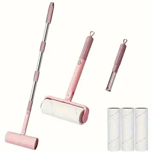 Hair rolls for pet hair and furniture, with an extendable handle measuring 43.3 inches. Includes a 1-roll of strong adhesive and 2-rolls of regular paper backing. The sticky rolls are highly suitable for families with pets.