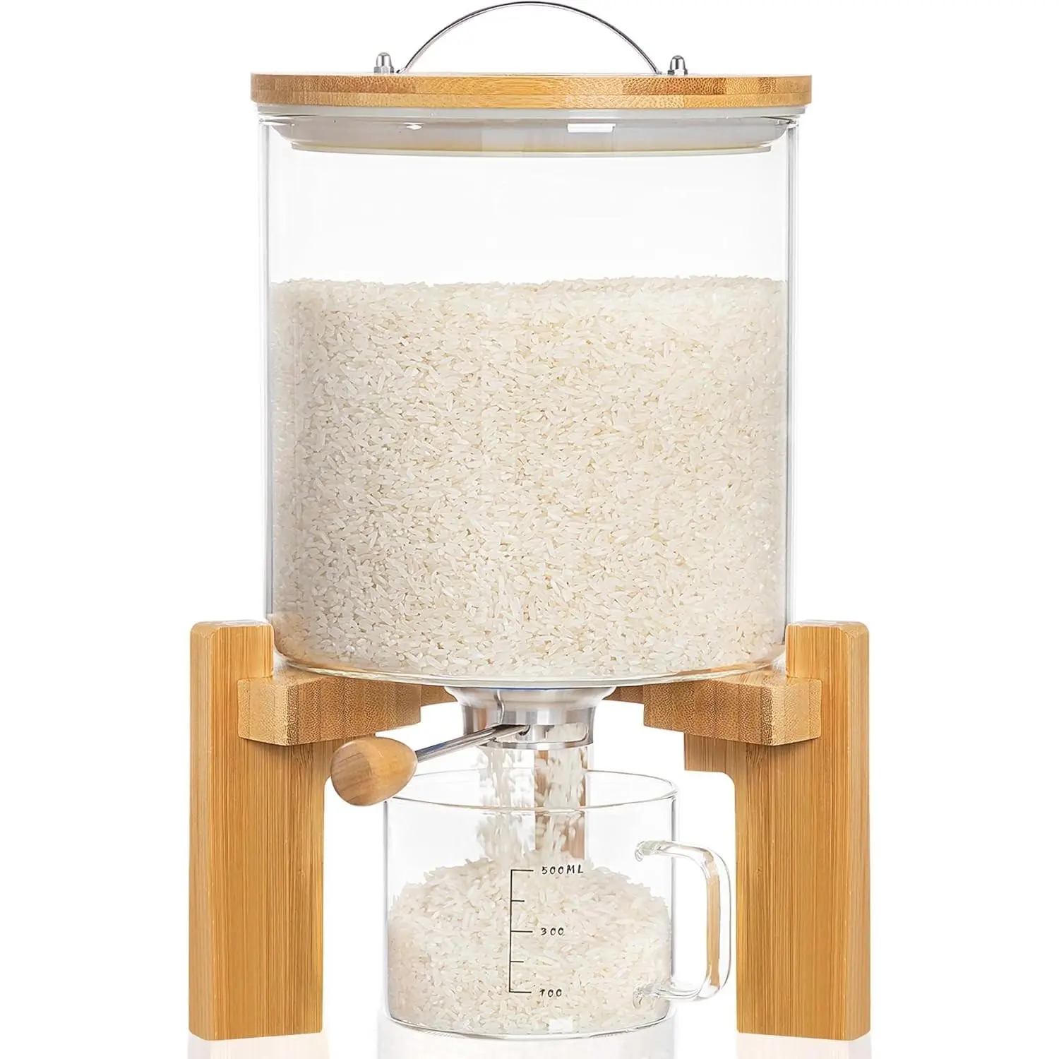 8-10 Lbs Glass Rice Dispenser with Wooden Stand Flour and Cereal Container with Glass Measuring Cup Pantry Food Organization Storage Bin with Airtight Bamboo Lid, 5L