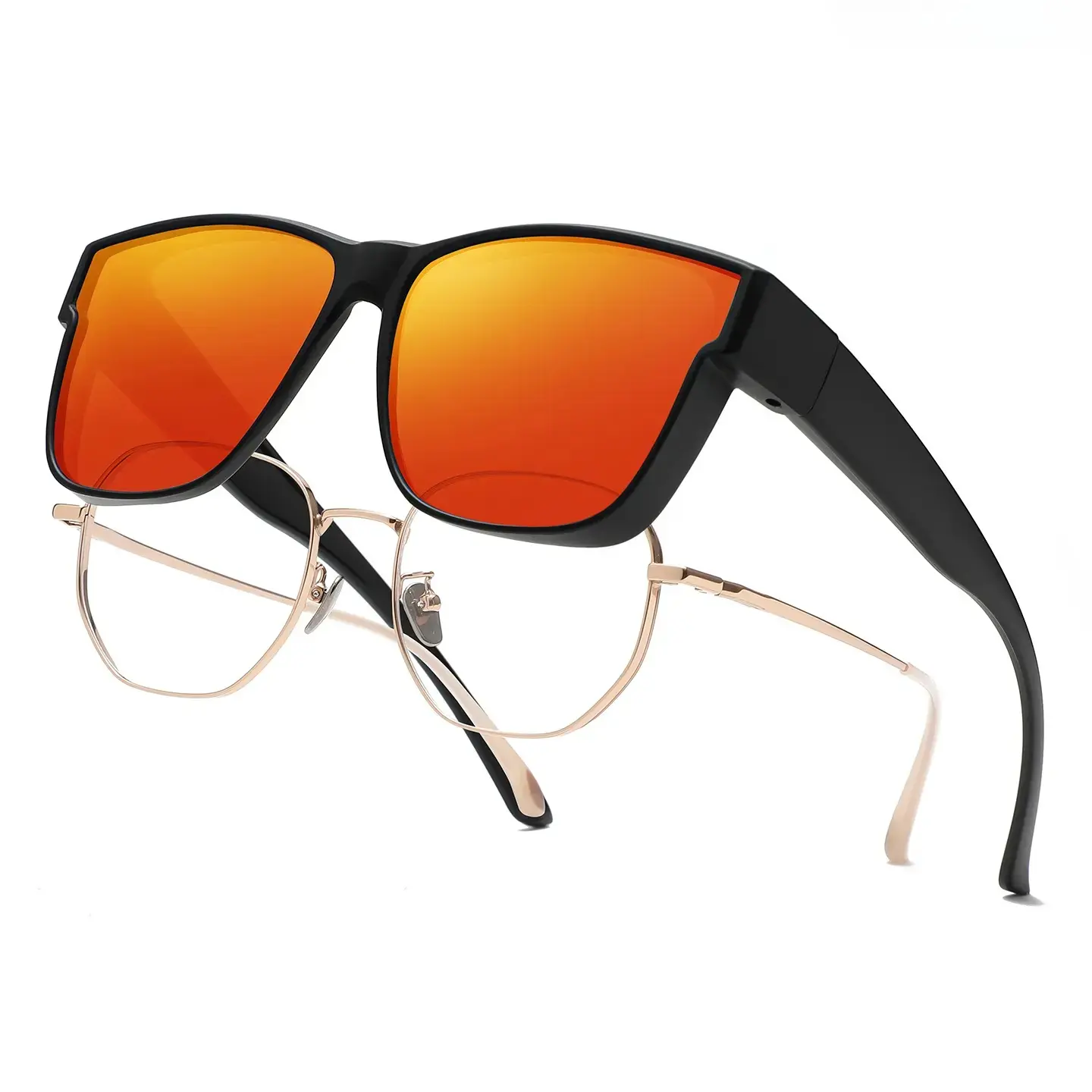 XUH Unisex Square Lenses Fit Over Sunglasses - Oversize TR90 Frame, Black Frame with Orange Red Mirrored UV400 Polarized Lenses, Wear Over Prescription Glasses for Driving, Outdoor Activities
