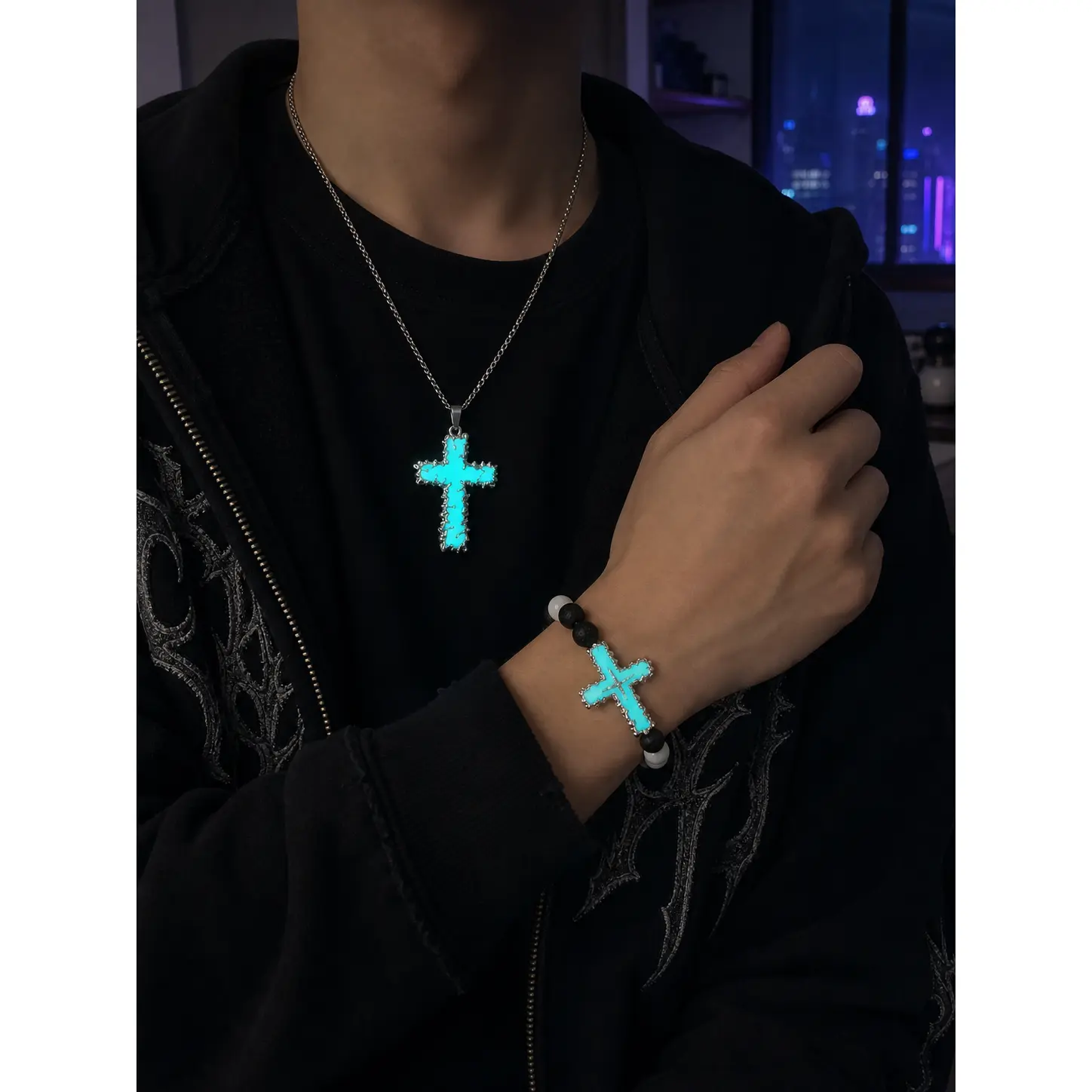 Glow Cross Necklace Bracelet Set Unisex Natural Stone Beads Electroplated Alloy Calming Night Light Gift For Women Men Cozy Spiritual Everyday Essential