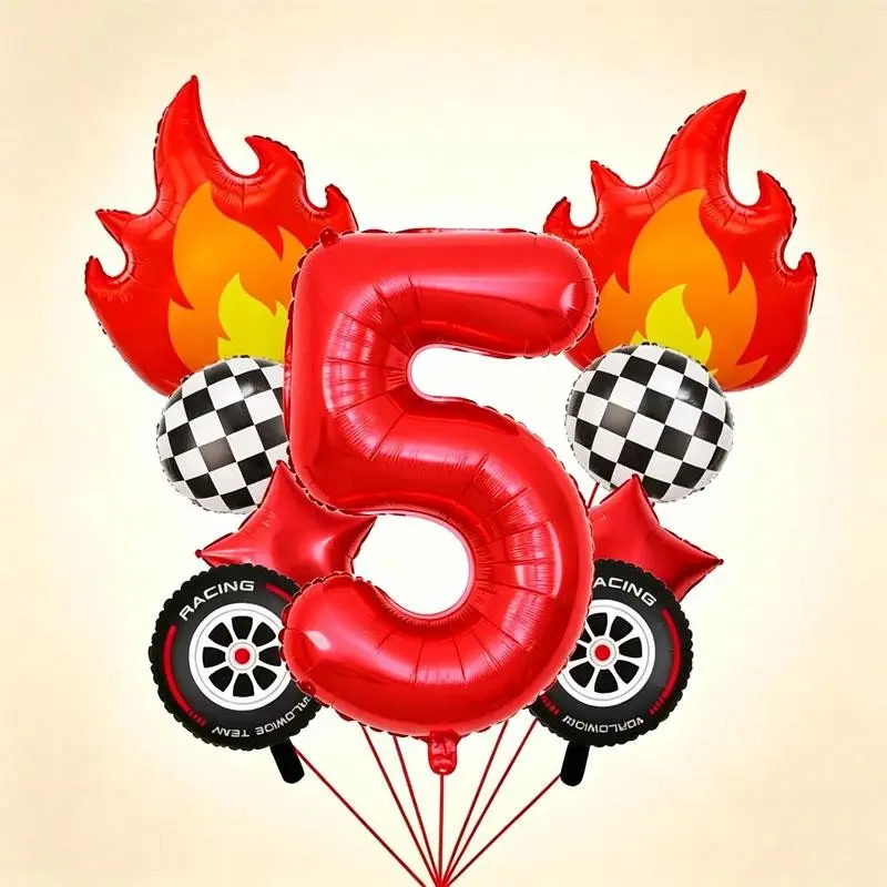 11-Piece Racing Flame Theme Balloon Set, 32-Inch Number Aluminum Foil Balloons, Suitable for boys' birthday parties, purple-themed decorations, go-kart/racing-themed party setups, and racing club event decorations