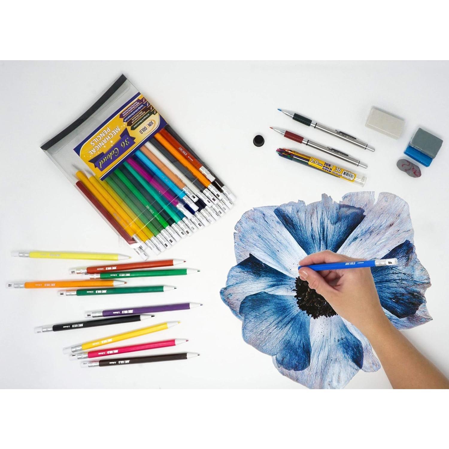 36 Assorted Colored 2.0 mm Lead Refills, Bold & 90 mm Length, 36  Colors, Pre-Sharpened, Break & Smudge Resistant