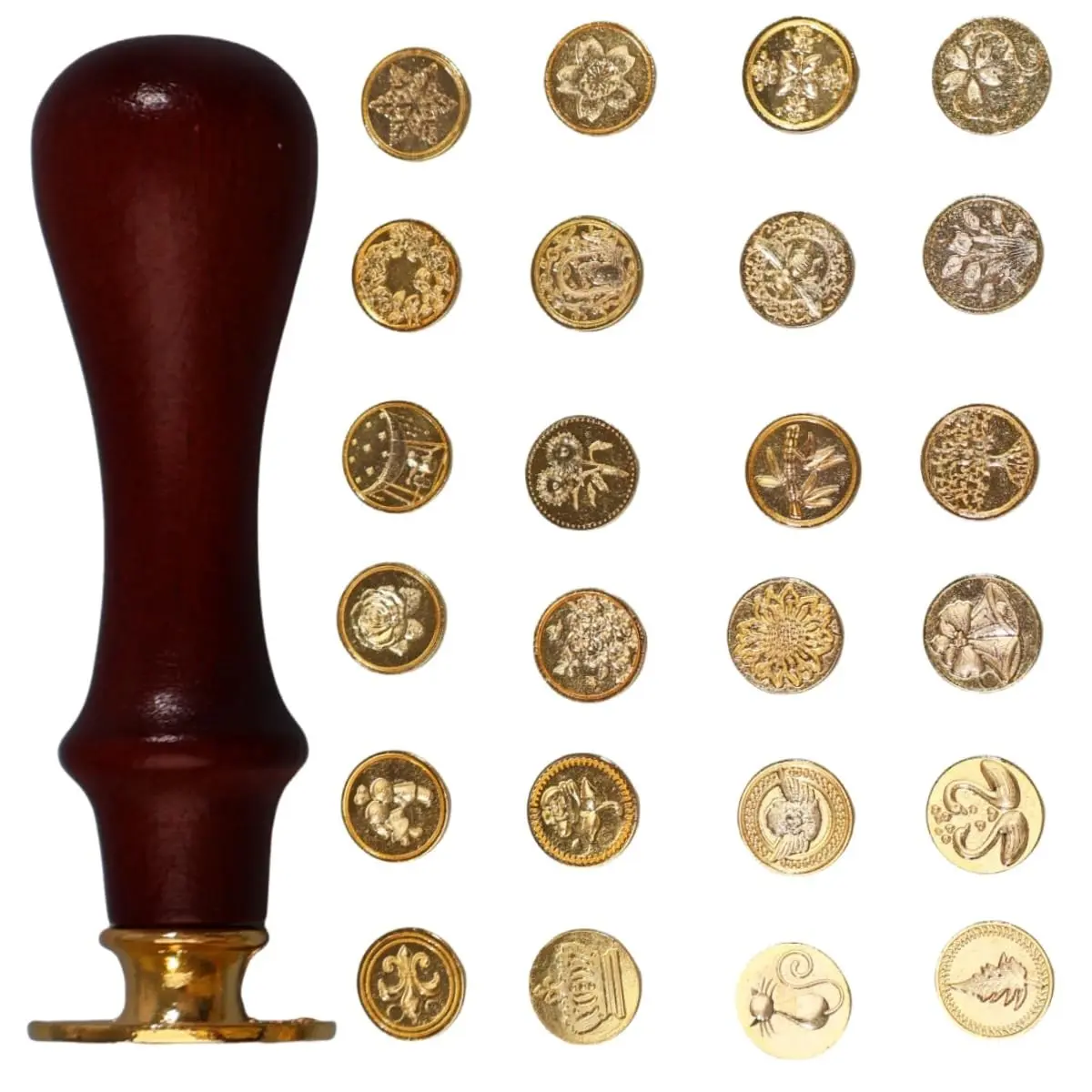 24-Pcs Classic Seals Wax Stamp Kit - Vintage Brass Head with Wooden Handle, Multiple Styles (A), for Wedding Party Gifts, Invitation Greeting Cards