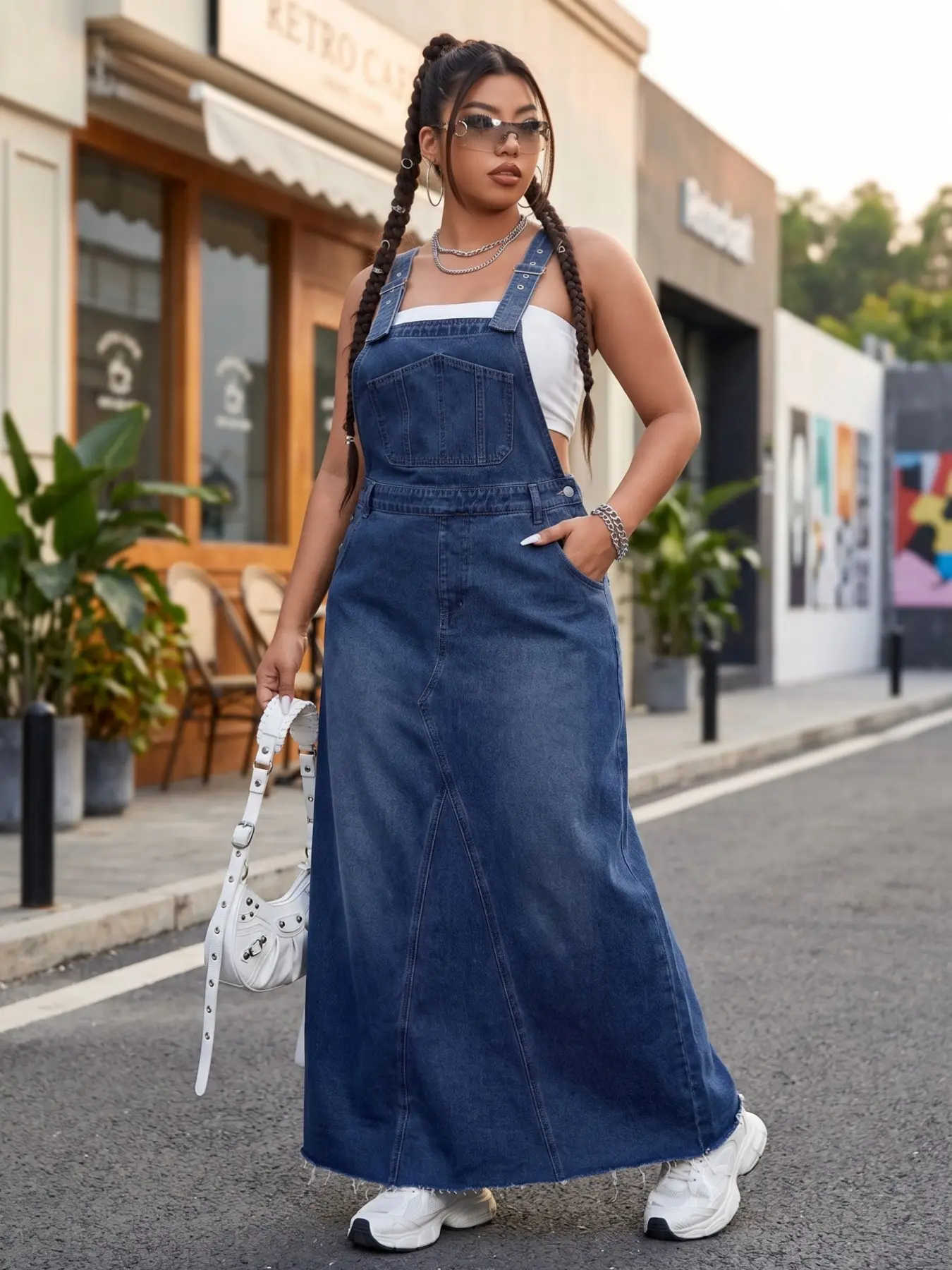 Women's Plus Size Vintage Washed Denim Strap Long Dress, Sleeveless Workwear Pocket Overall, Retro Style Fashionable Chic