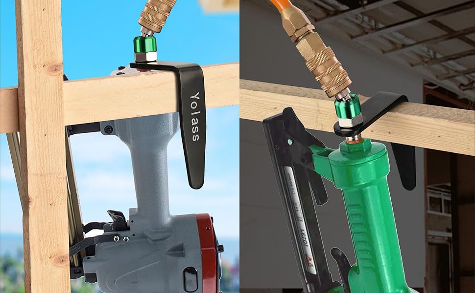 Pneumatic tool hook,1/4"NPT and 360° Rotatable L Air Rafter Hooks are Lightweight,Quick and Easy to Install for Air Blow Guns,Pneumatic Nail Guns,with Brass Joints,1-Piece
