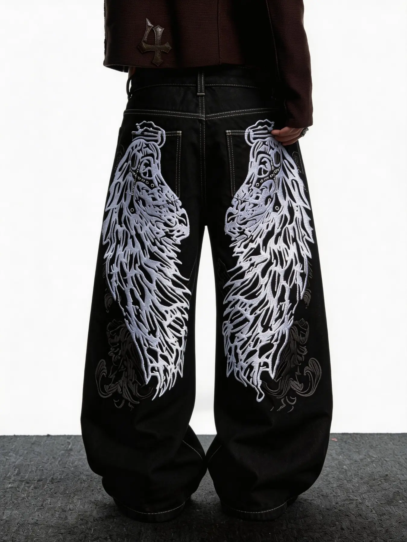 Men's Jeans with Wing Embroidery, Loose-Fit Oversized Straight Leg, Street Style, All Seasons, Y2K Fashion, Multiple Sizes Available