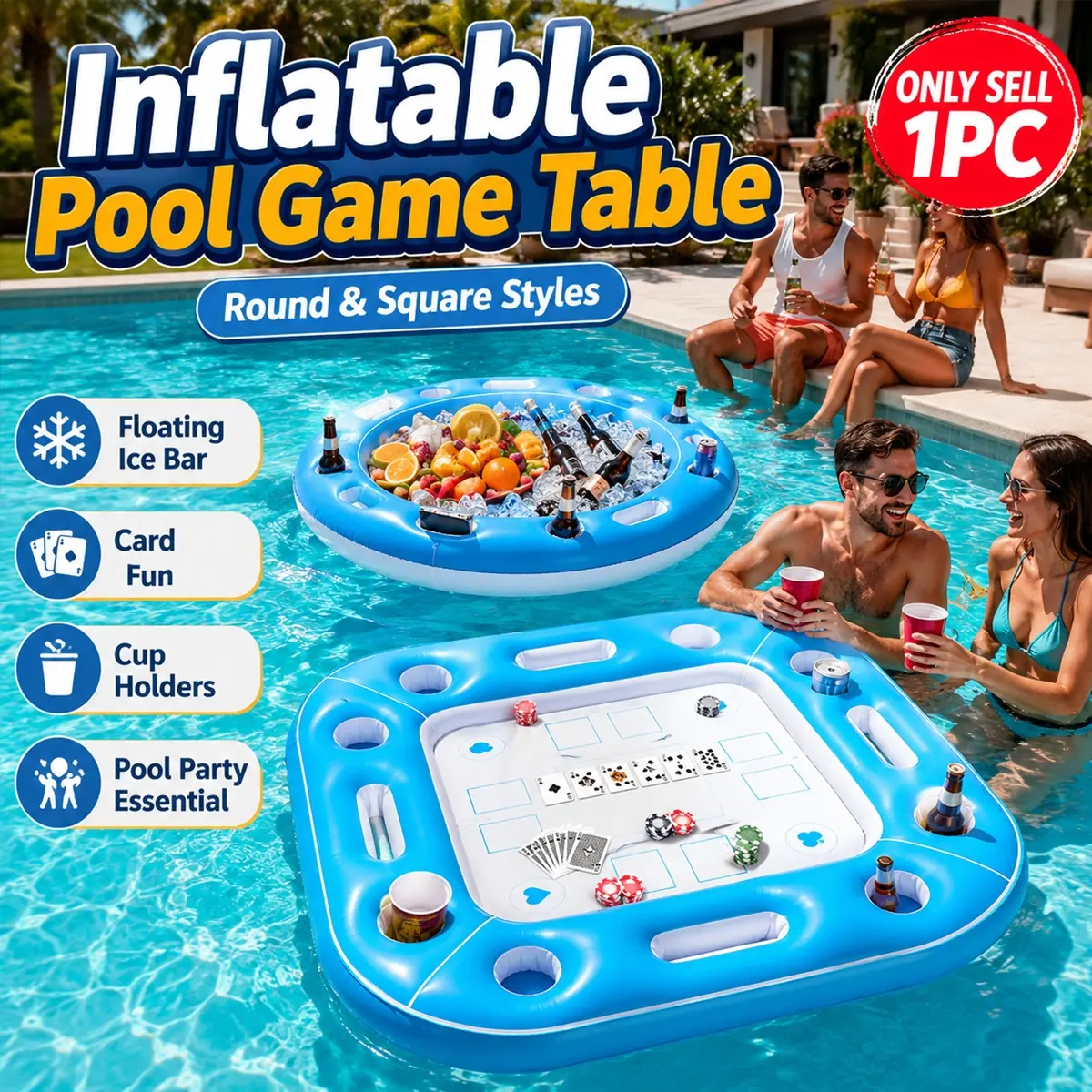 Inflatable Floating Pool Table for Adults, Round or Square Style,Inflatable Card Tray, PVC WaterTray with Ice Bar, Cup Holders and Card, Foldable Drinks Food Holder Containers, for Swimming Pool, Beach, Backyard, Summer Gatherings and Outdoor Relaxing