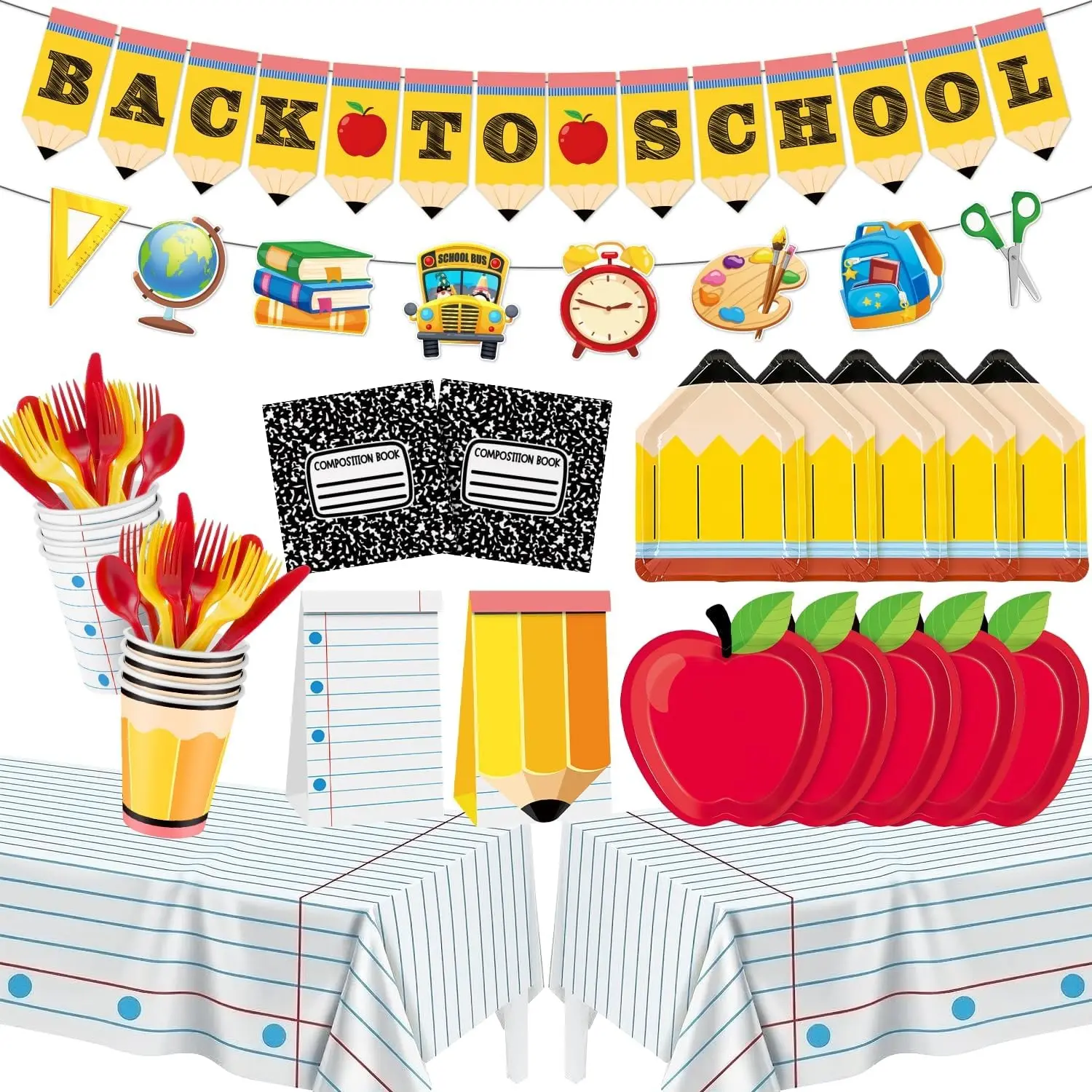 195 Pcs Back To School Decorations, Back To School Party Decorations Colorful, Plastic Tablecloth, Unique Plates, Napkins, Goodie Bags, Serve 24, Easy Clean, Party Supplies for Classroom, Home