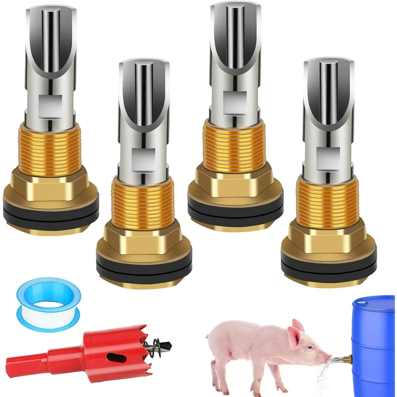 4PCS Stainless Steel Pig Nipple Water Drinker with Brass Connectors, Barrel Automatic Waterer for Pig Goat Piglets Livestock