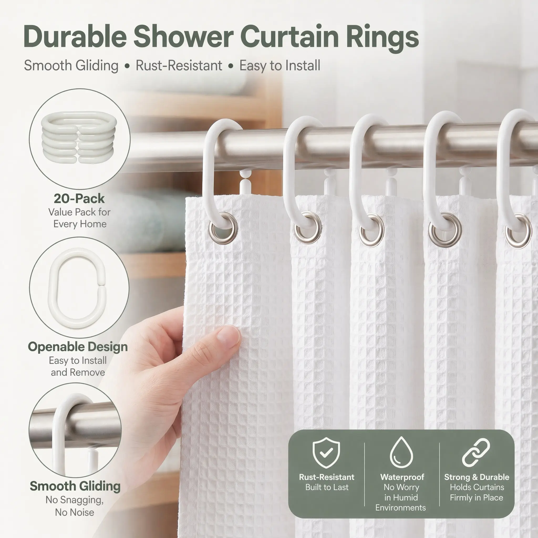 20pcs C-shaped Shower Curtain Hook, Simple Multifunctional Plastic Curtain Hook, Curtain Rod Rings, Suitable for Bathroom Wardrobe Cabinet, Bathroom Accessories -YY1