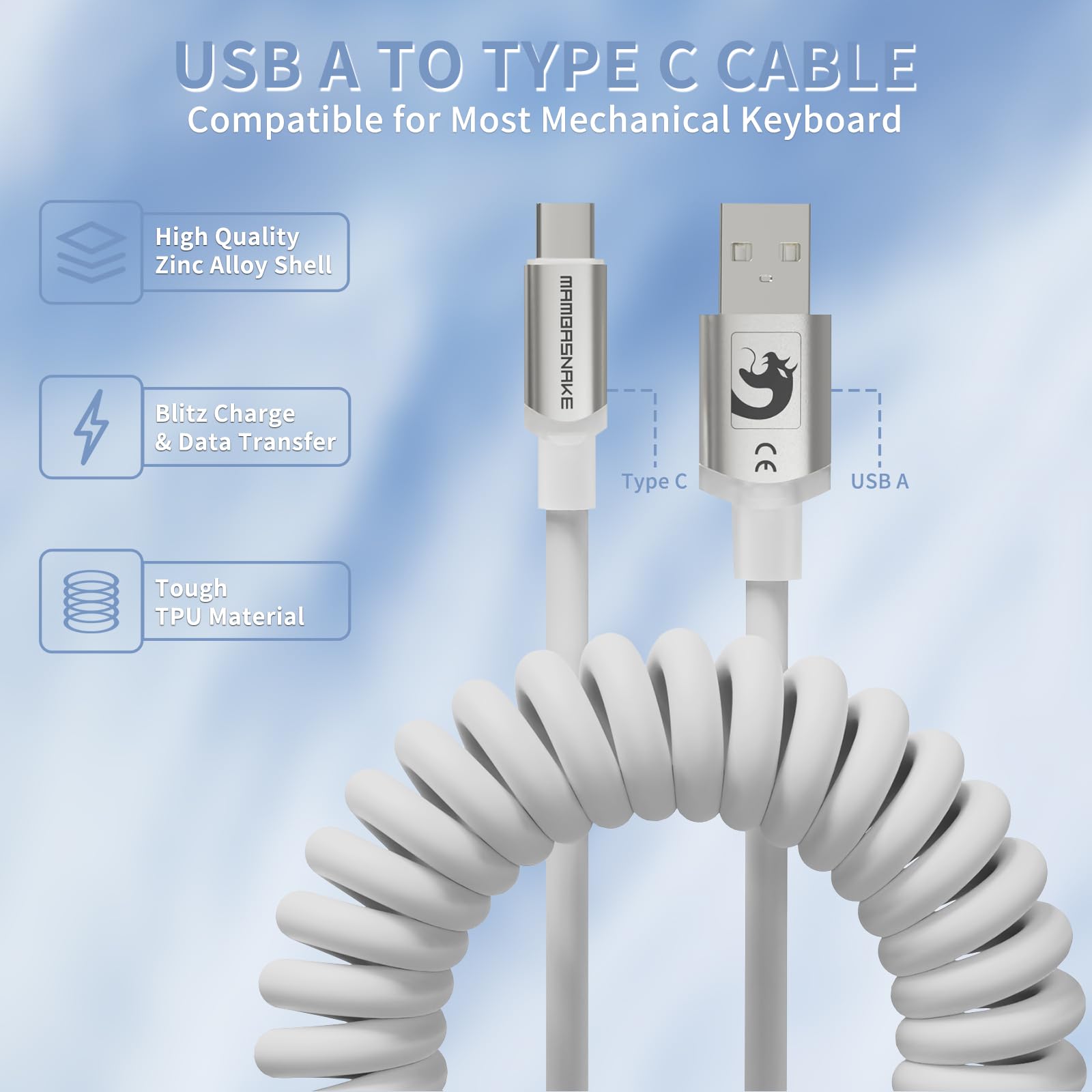 MAMBASNAKE C01 Ultra RGB Coiled Keyboard Cable, Pro Custom USB-C Aviator Cable for Gaming Keyboards, Stable Dual-sleeved Design, 2m Type-C to USB-A Hyper-speed