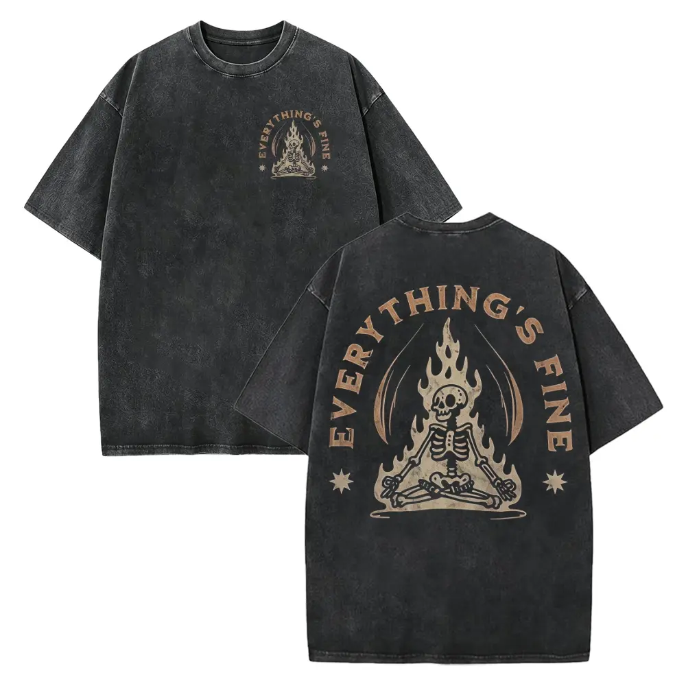 Vintage Distressed Meditating Skeleton T-shirt |       Everything's Fine Gothic Casual Graphic Tee