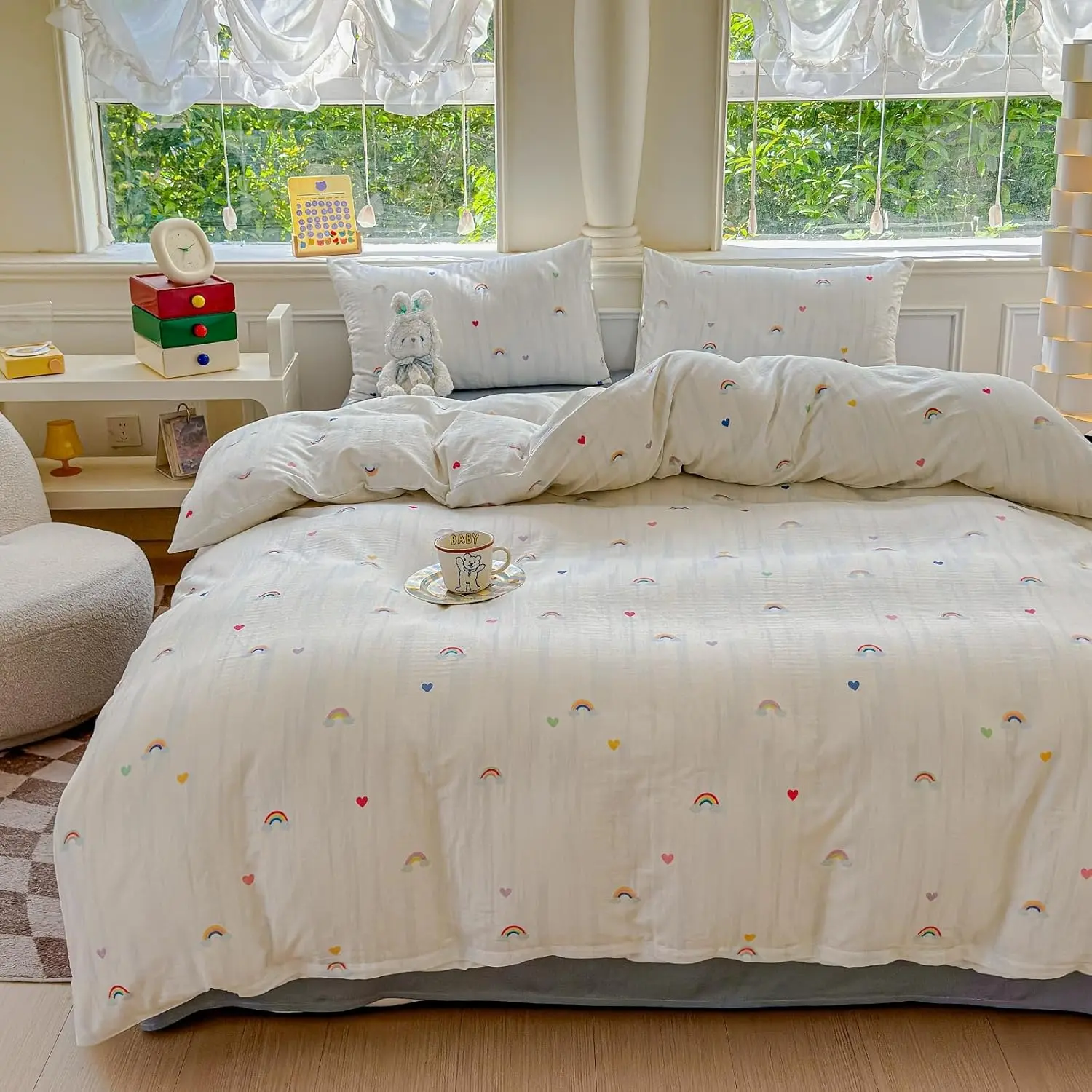 Rainbow Duvet Cover Set Twin 100% Cotton Soft Lightweight Gauze Bedding Rainbow Cloud Hearts Print on White 1 Cute Cartoon Comforter Cover 2 Pillowcases (Twin)