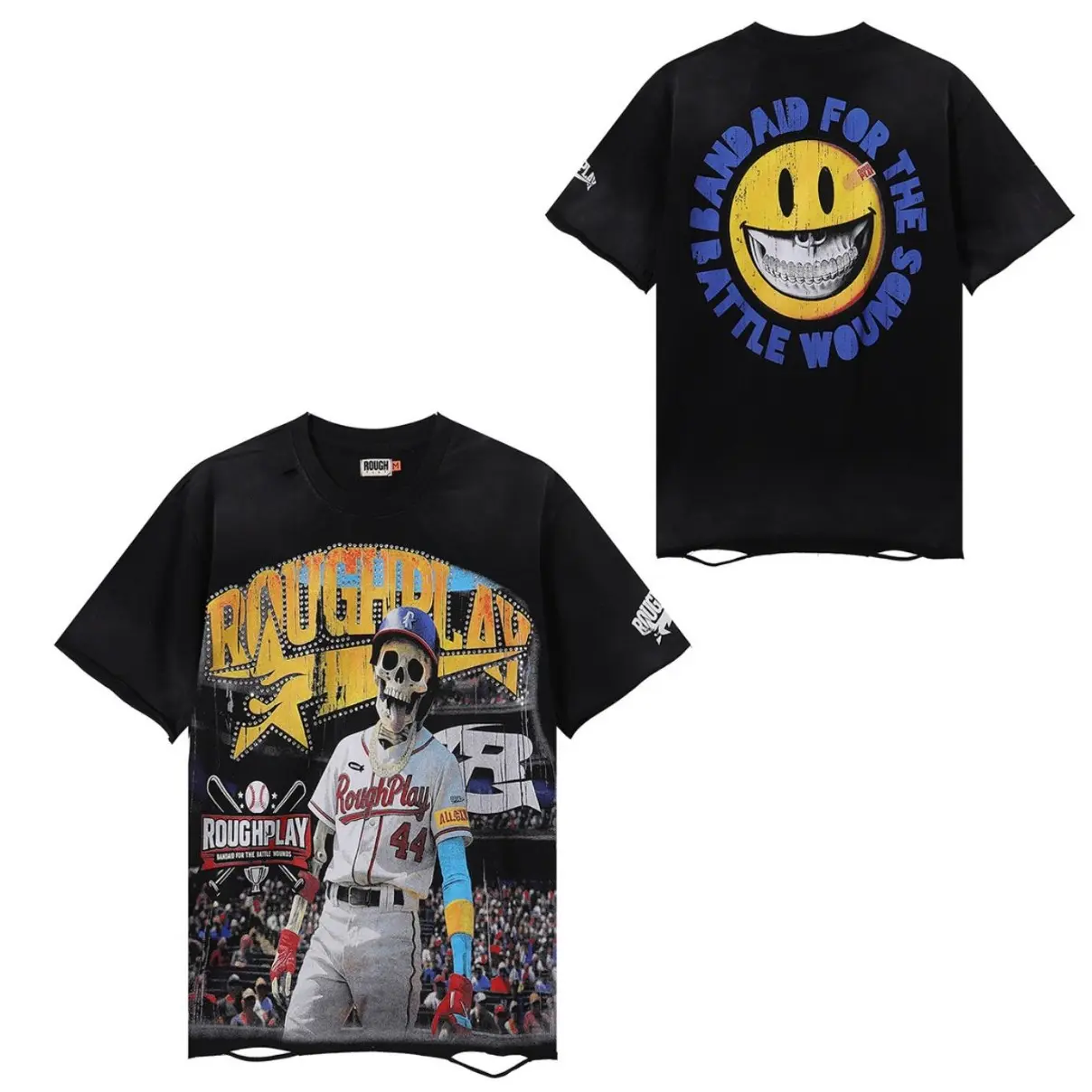Roughplay Distressed Washed Oversized Men's Graphic T-Shirt, Rhinestone Letter Skull Baseball Skeleton Cross Monster Cartoon Skate Gorilla Street Print Cotton Short Sleeve, Y2K Grunge Hip Hop Vintage Tee,4th of July Music Festival Unisex Streetwear Top