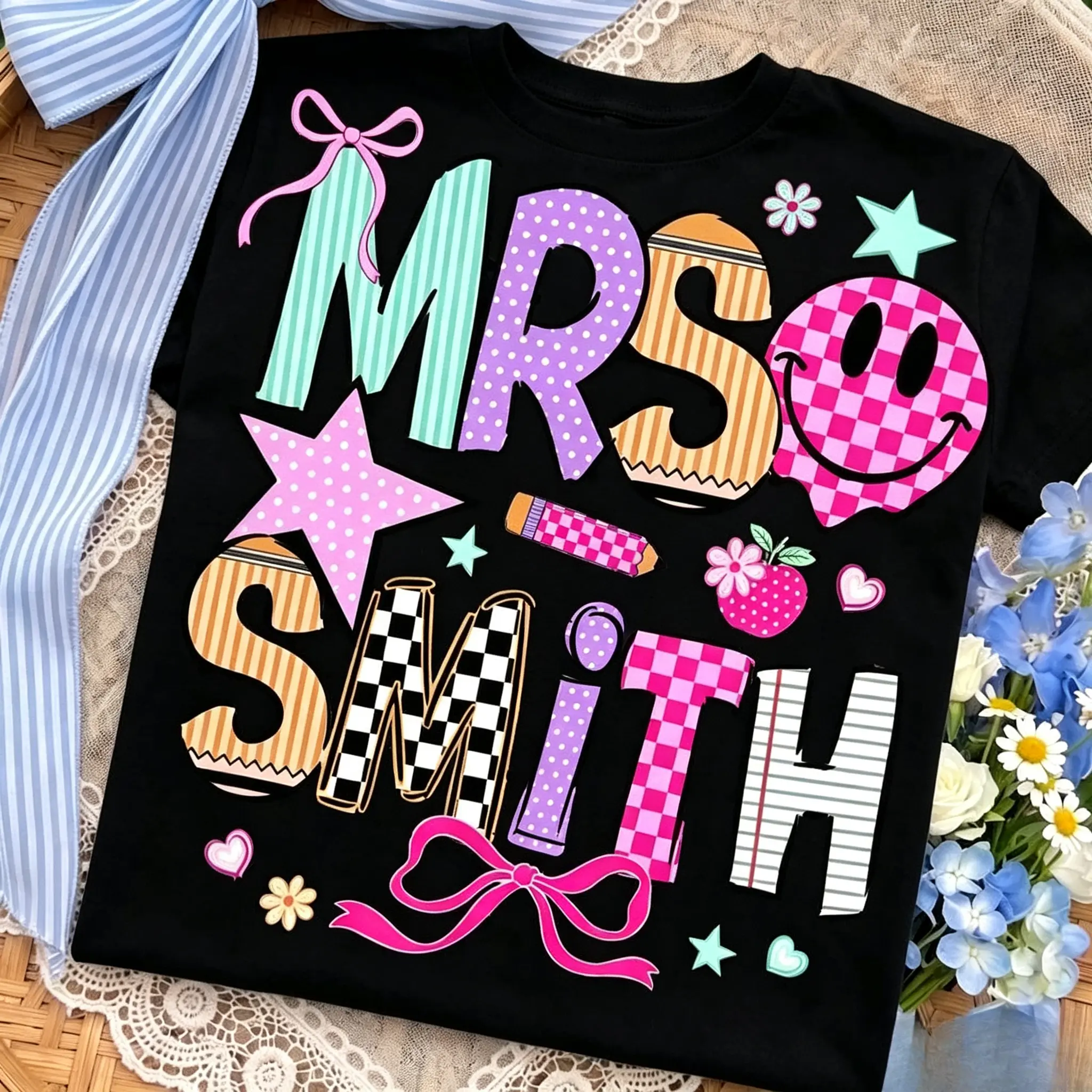 Teacher Name Shirt, Striped Neon Coquette Bow Tee, Personalized Teacher T-Shirt, Back to School Teacher Gift