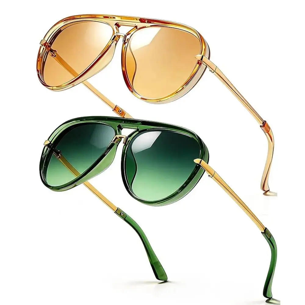 Women's 2-Pcs Oversized Retro Gold Metal Aviator Sunglasses, Tangle-Free Trendy Summervibes Shades, Womens Sunglasses