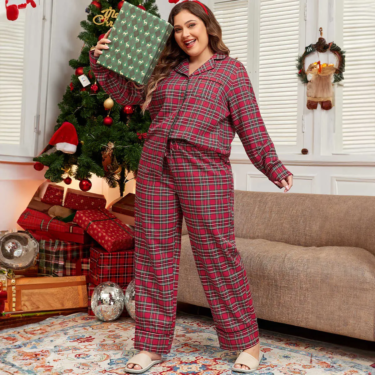Red Plaid Printed Shirt and Pants Plus Size Lounge Set