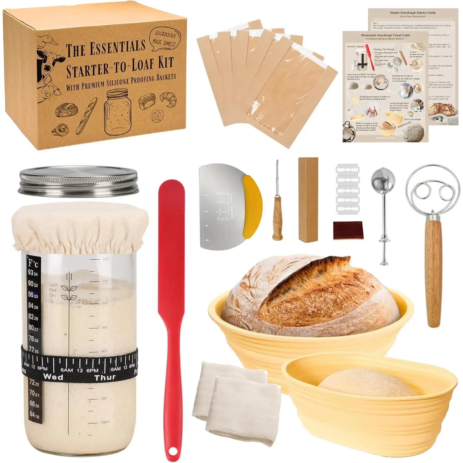 DIY Complete Sourdough Starter Kit for Home Bakers - Kitchen Set with Glass Starter Jar, Proofing Baskets, Whisk, Scraper, Lame, Silicone Baking Accessories for Wedding Home Supplies (Complete Sourdough Era, Multiple Items)