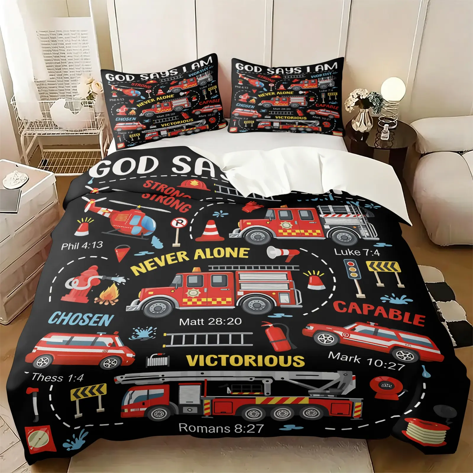 Christian Inspirational Fire Truck Print Duvet Cover Set, Includes 1 or 2 Pillowcases, God Says I Am Inspirational Bible Verse Bedding, Wrinkle Resistant All Season, Firefighter Bed Set, Toddler Fire Room Decor For Christian Boys Bedroom