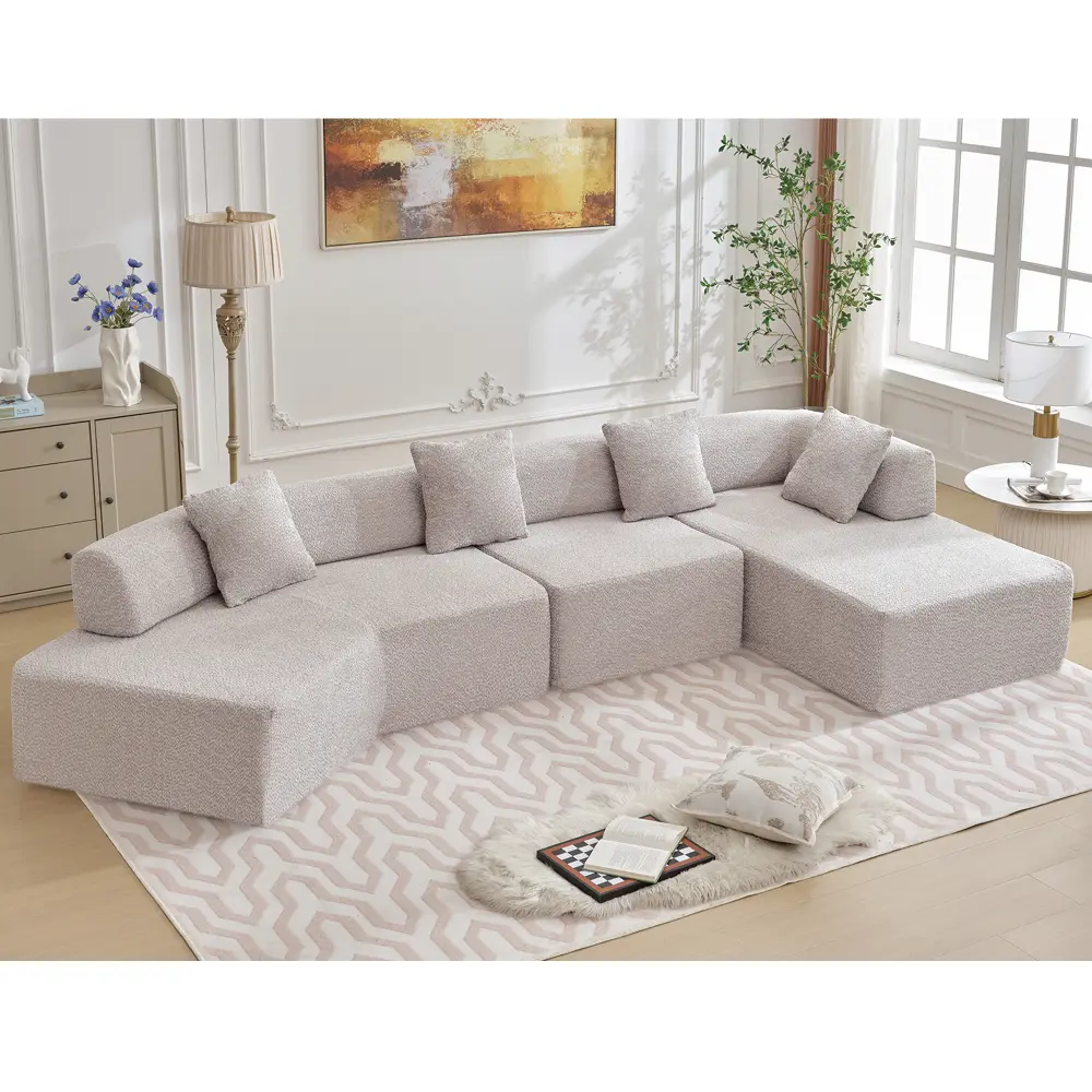 140" Oversized Bouclé L-Shape Sectional Sofa, 4-Seater Modular Cloud Couch Deep-Seat Family Sectional with Chaise, Modern Minimalist Couch for Living Room, Gray