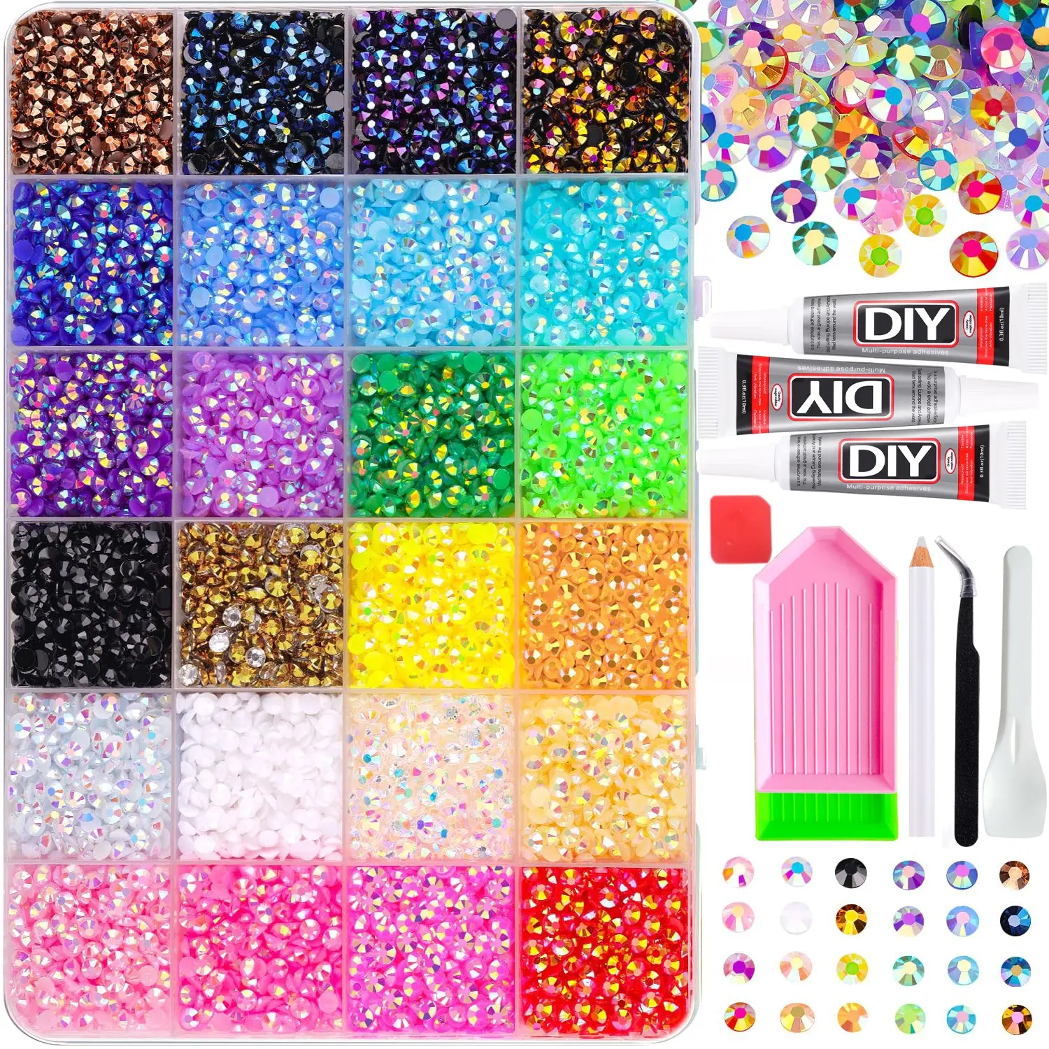 24-Piece Rainbow Color Rhinestone Set, Multi-Specs & Styles, Includes Tray, Tweezers, Dotting Tool, DIY Nail Art Kit, Nail Art Rhinestones, Nail Art Decoration, Flatback Crystals, with Adhesive Glue, Diamond Painting，Christmas Gift for Women