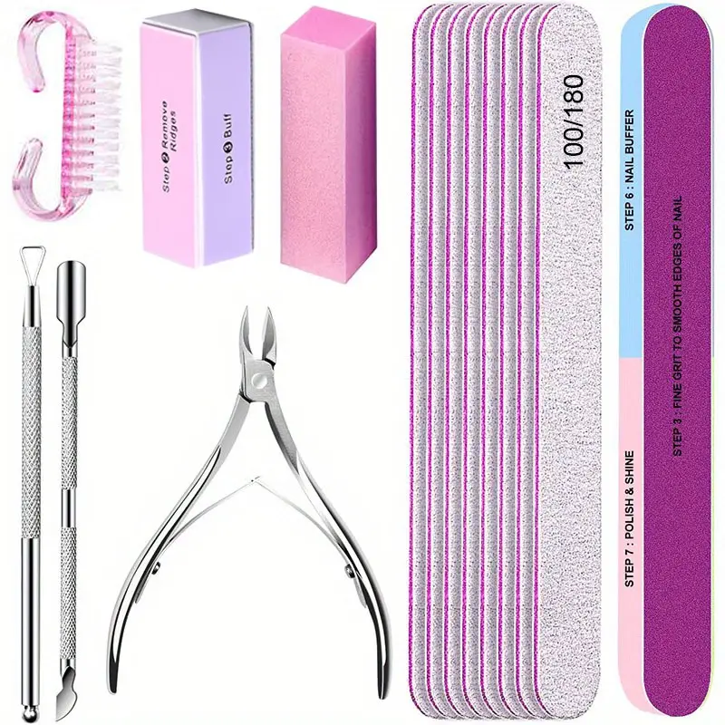 15Pcs/lot Nail Art 100/180 Grit Professional Files Buffer Sponge Block Brush Nail Scissors Kit With Cuticle Nipper Pushers Manicure Set UV Gel Polish Tools DIY Manicure Supplies