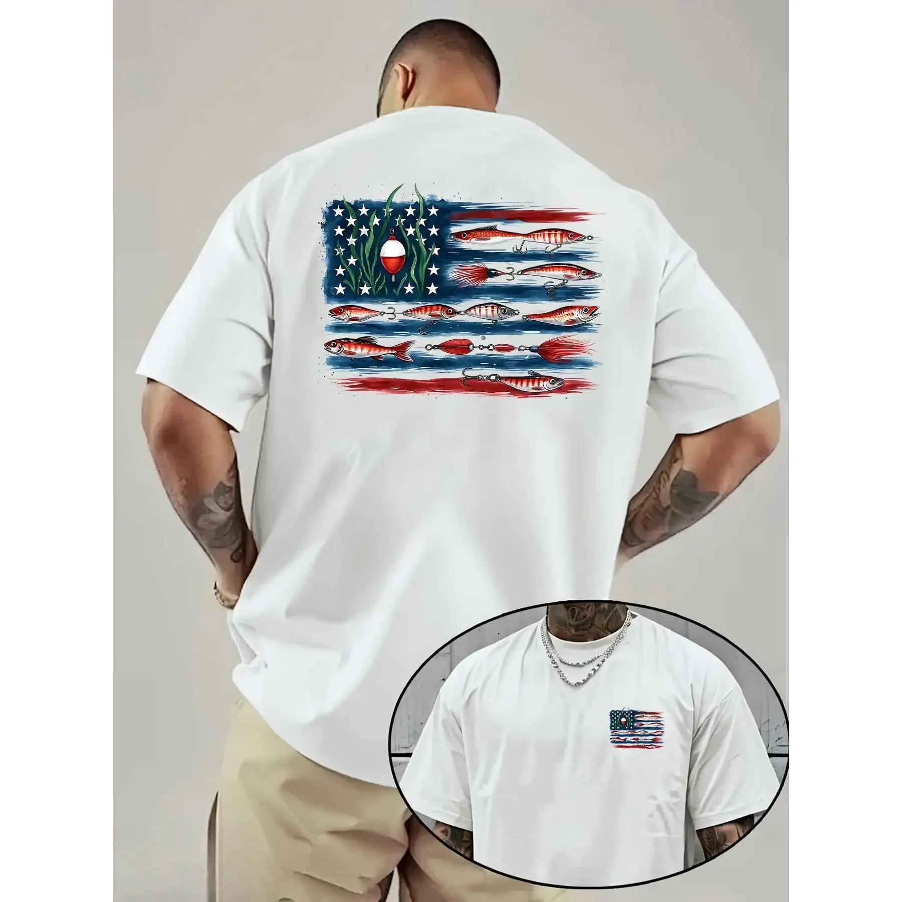 Menswear Casual Round Neck Fishing Pattern Men's Short-Sleeve T-Shirt - American Flag & Fish Print, Breathable Fabric, Ideal Summer Outdoor Wear, Father's Day Gift