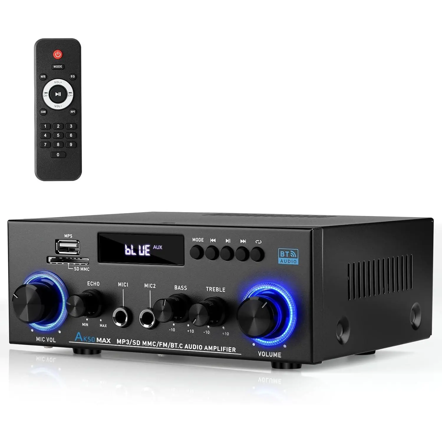 AK50MAX Stereo Audio Amplifier,  Audio Stereo Receiver  5.0 with 400W 2.0  FM Radio, Echo, USB, SD Card, AUX with Remote Control  Theater Audio Stereo System