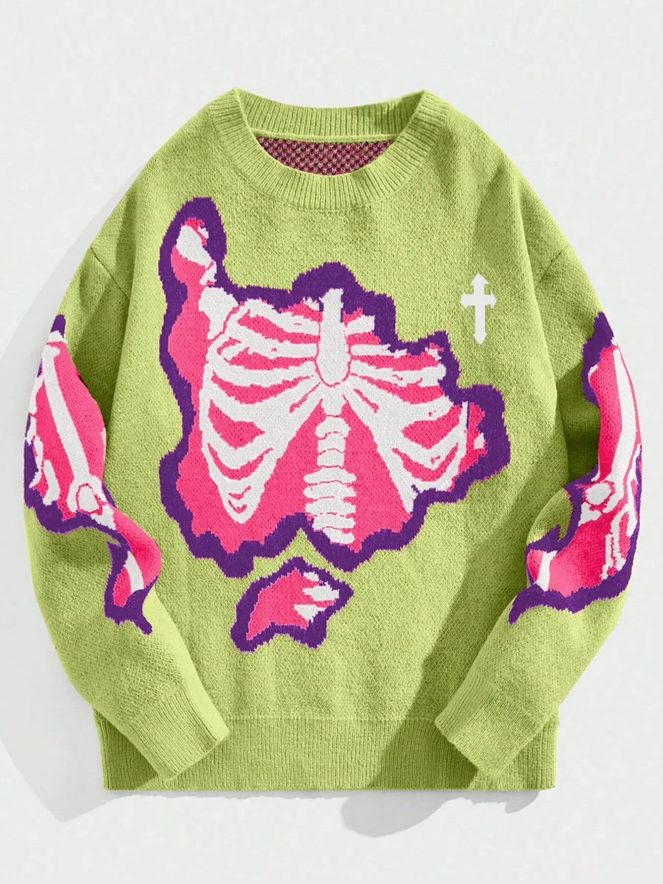 Gothic Dark Gradient Skeleton Butterfly Cross Print Sweater, Unisex Subculture Loose Fit Round Neck Knitwear, Casual Short Sleeve