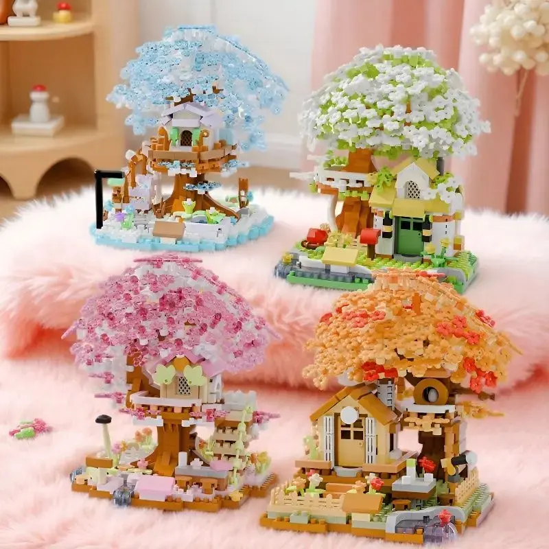 600+ PCS 4-Color Cherry Blossom Treehouse Building Blocks Toy, Bedroom & Studyroom Assembly Display, No-Box Holiday Gift for Girls