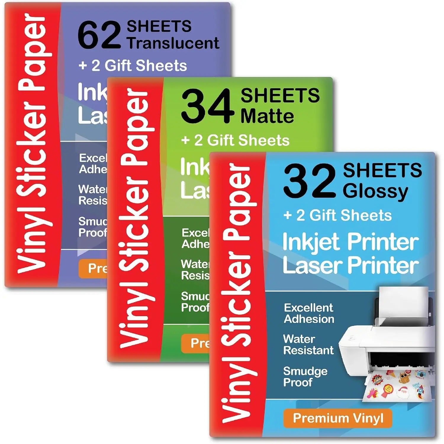Printable Vinyl Sticker Paper Matte for Inkjet Printer 34 sheets + Translucent Clear Sticker Paper 62 Sheets +  Printable Vinyl Sticker Paper Glossy 32 Sheets