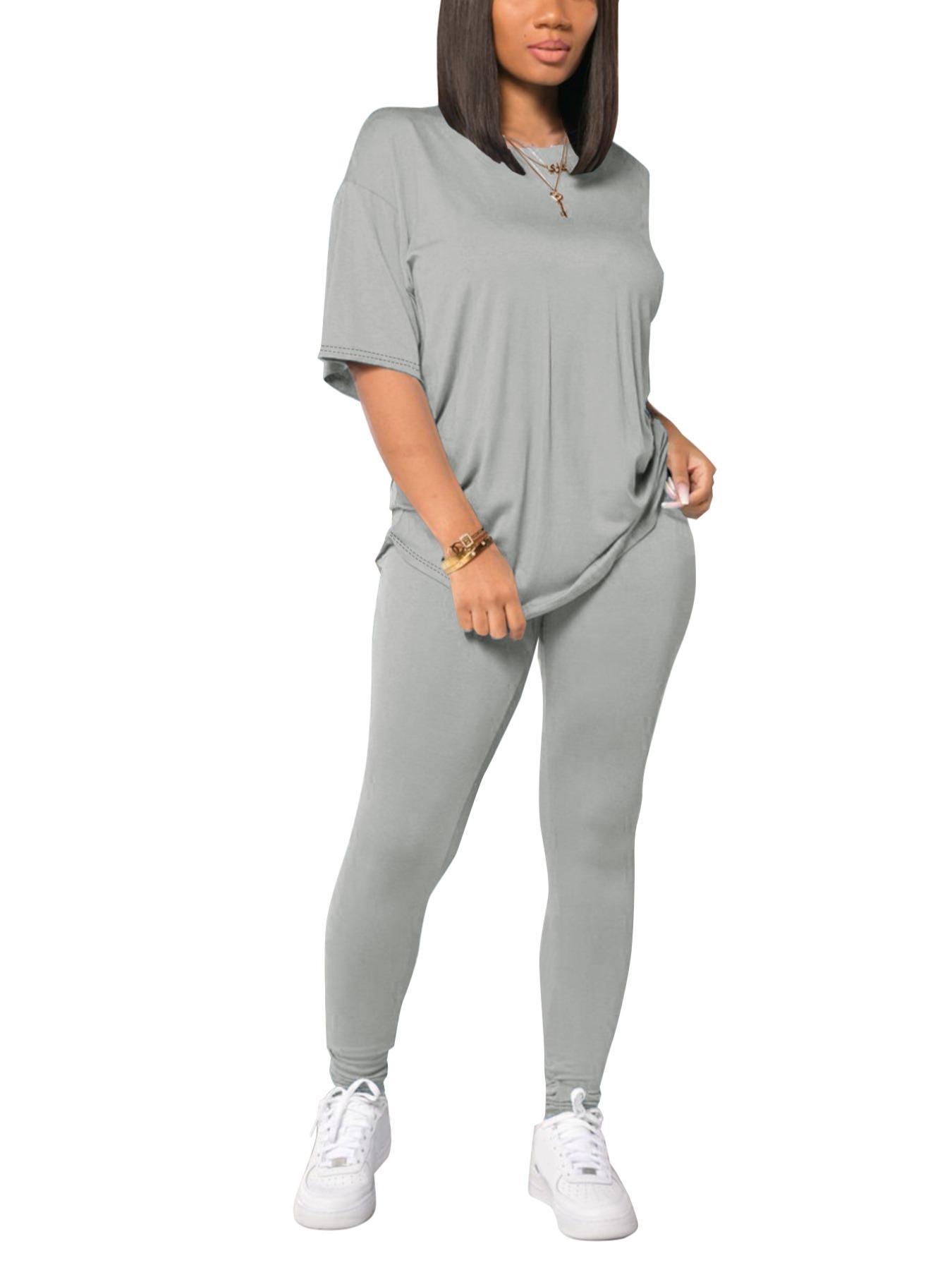 Women's Solid Drop Shoulder Tee & Elastic Waist Fitted Skinny Pants Set, Summer Clothes Women, Casual Round Neck Half Sleeve Top & Leggings for Summer