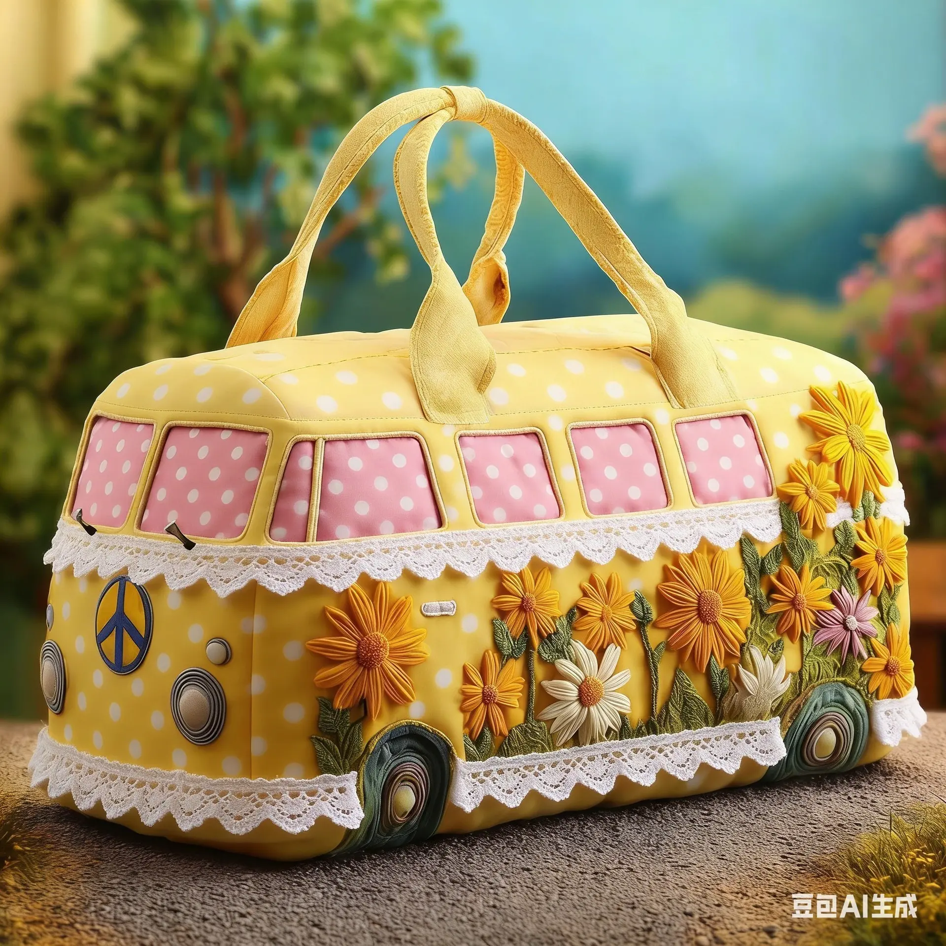 Unisex Vintage French Yellow Bus Gym Tote Bag - 3D Floral Embroidery, Lace Detail, Spacious Large Capacity Niche Design Weekender Bag (Sports & Outdoor Accessory) boho stylish daily use other style luggage