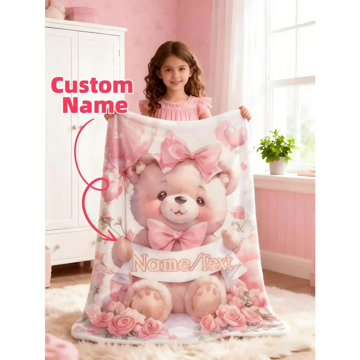 Personalized Pink Bow Bear Flannel Throw Blanket - Cozy Aesthetic, Wrinkle Resistant, Watercolor Roses Design, Custom Name Text, Wedding/Milestone Gift for Her, Sweet Nursery Decor