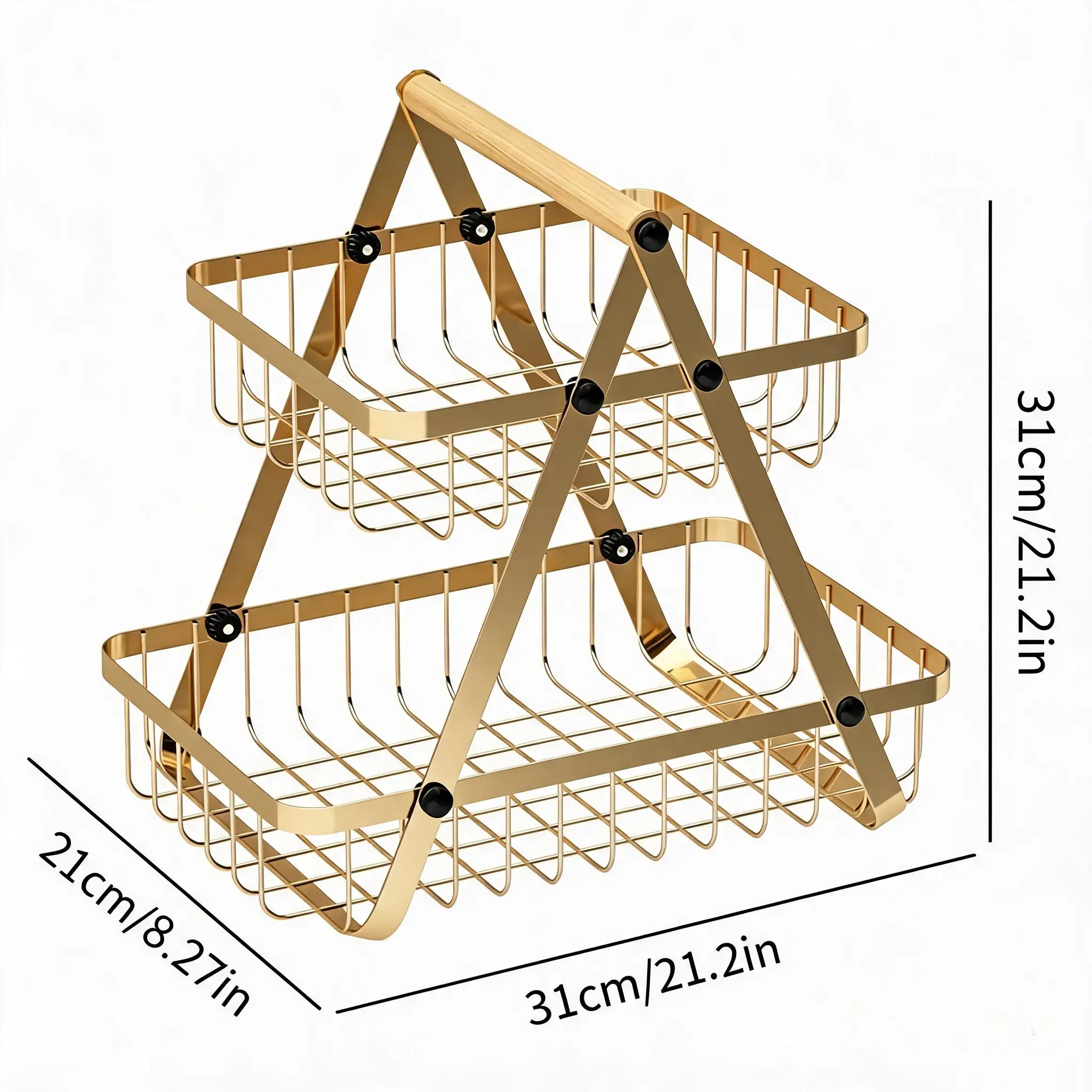 2 Tier and 3 Tier Fruit Vegetable Basket Organizer, Detachable Metal Wire Countertop Storage Rack with Wooden Handle, Tiered Snack Bread Holder for Kitchen, Modern Apartment and Rental Home Organization