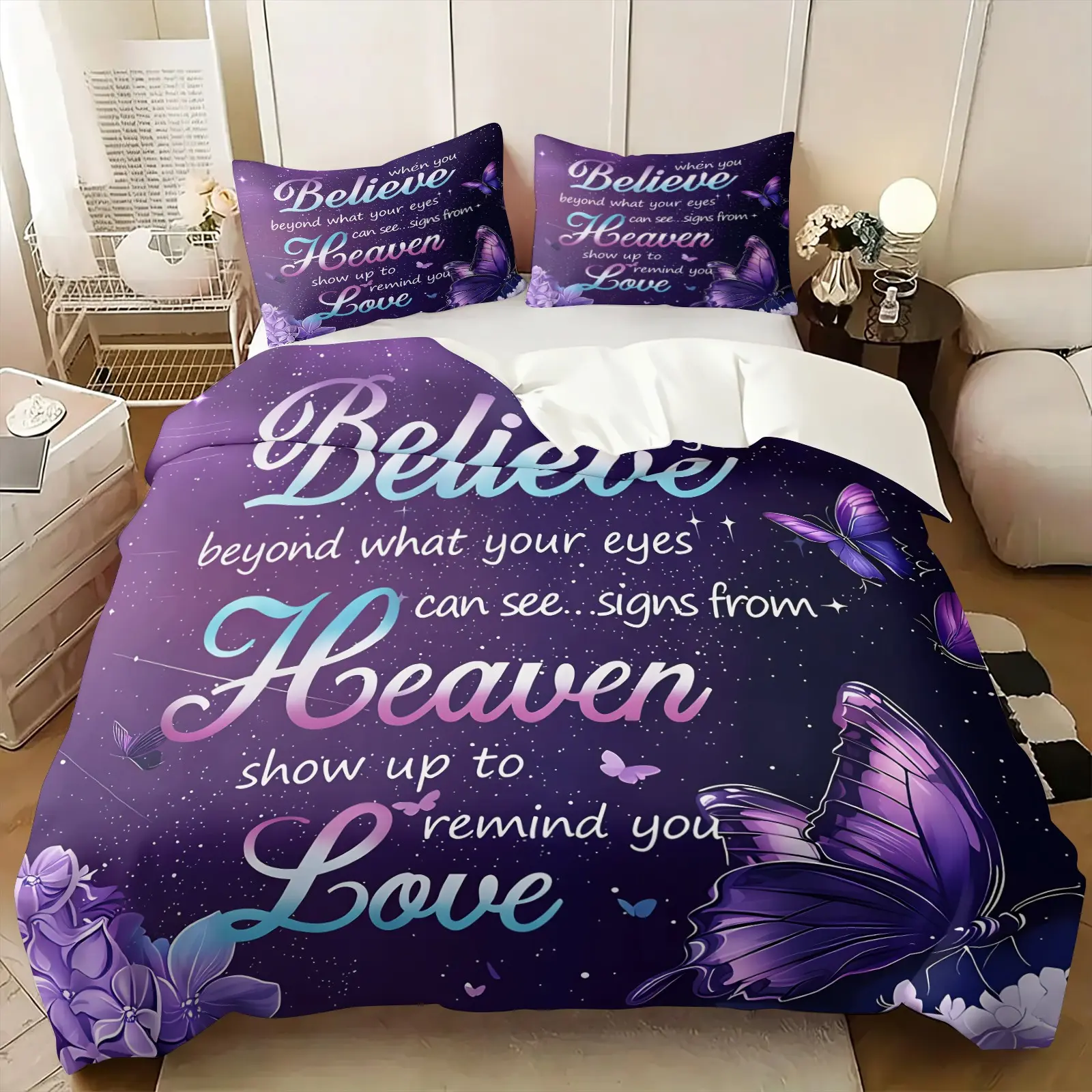 Inspirational Love Quote Print Duvet Cover Set, Include One Comforter Cover and Two Pillowcases, Remembrance Heaven Sign Theme Quilt Cover, Purple Butterfly Sympathy Bedding