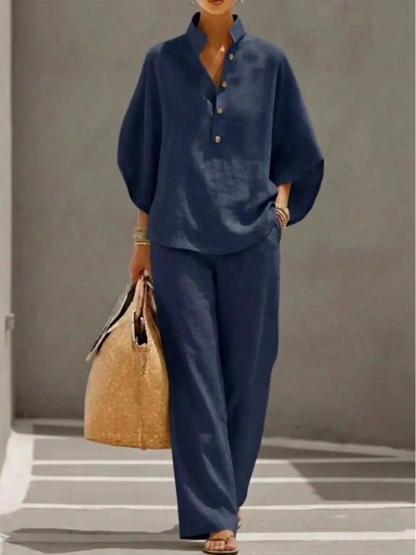 Women's Plus Size Linen Texture Top and High Waist Wide Leg Pants Set, Loose Lantern Sleeve, Half Open Front, Comfortable and Stylish, Everyday