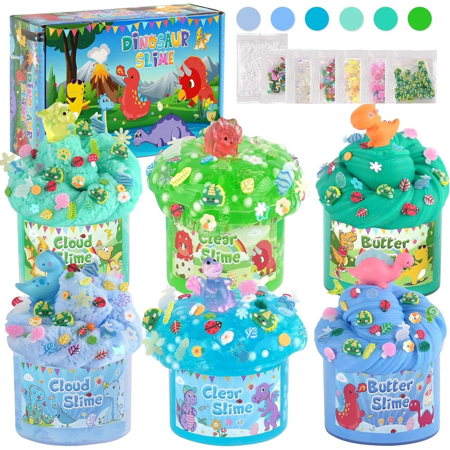 6 Pack Dinosaurs Slime Kit for Kids Cloud, Butter, Clear Slimes with Glow in The Dark Add-ins, Green & Blue Dino Slime, Super Soft and Non-Sticky, Birthday Party Favor for Boys & Girls