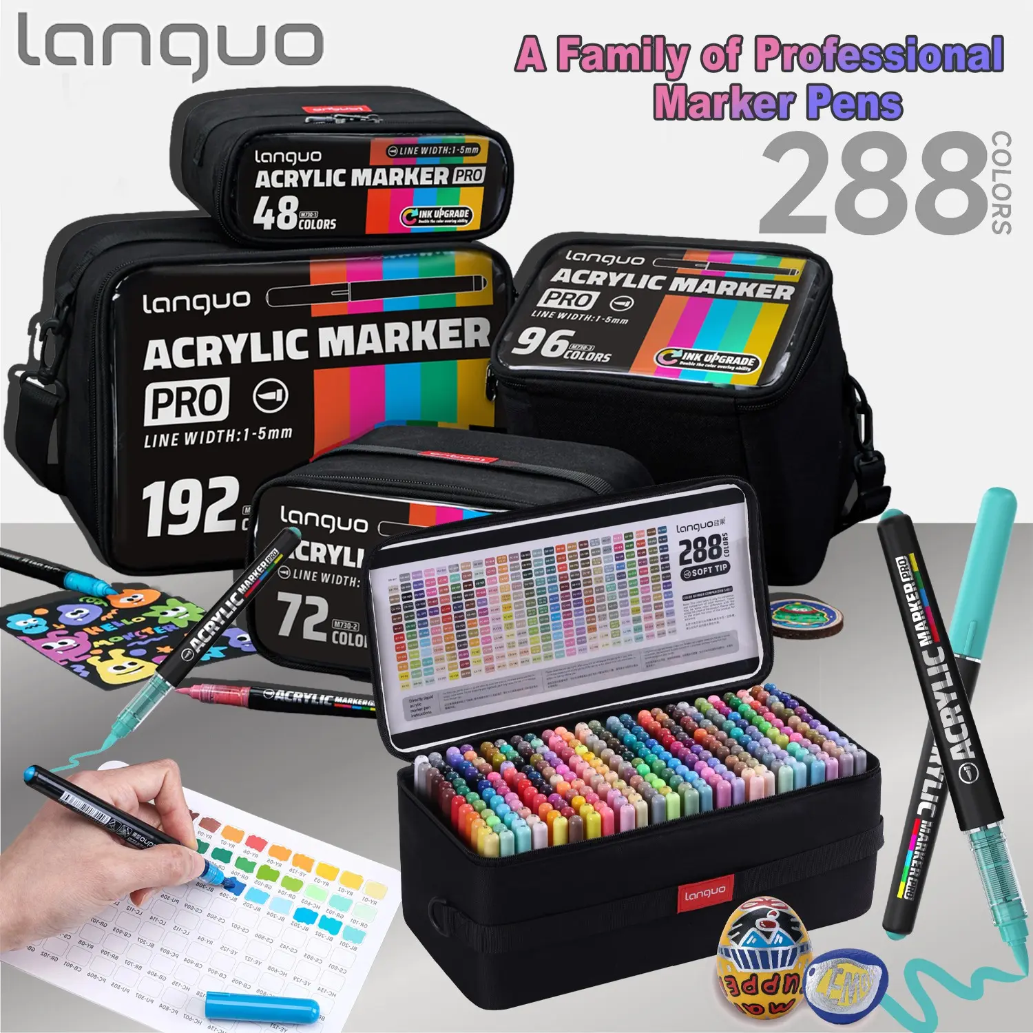 Languo Liquid Core Soft Tip Acrylic Markers Set, 48/72/96/192/288 Colors, Portable Case, Smooth Ink Flow, Ideal for DIY Art Projects, Art Craft Supplies